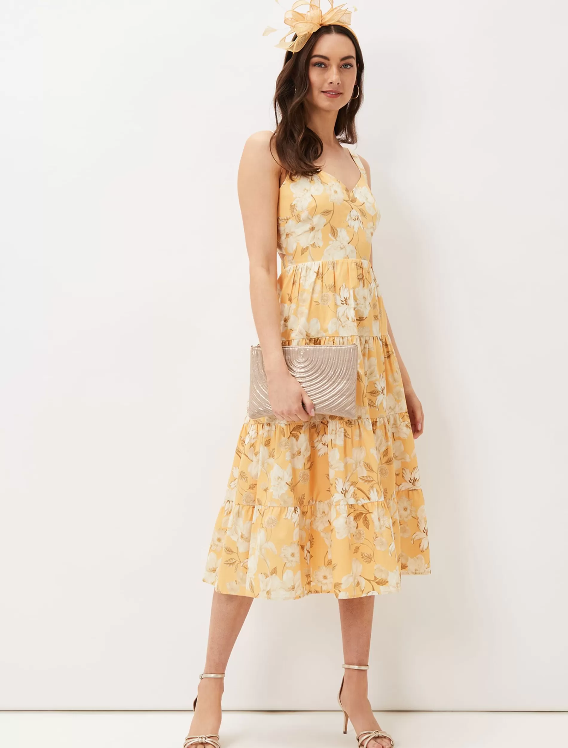 Phase Eight Elaina Cotton Floral Tiered Midi Dress Yellow/Multi Sale