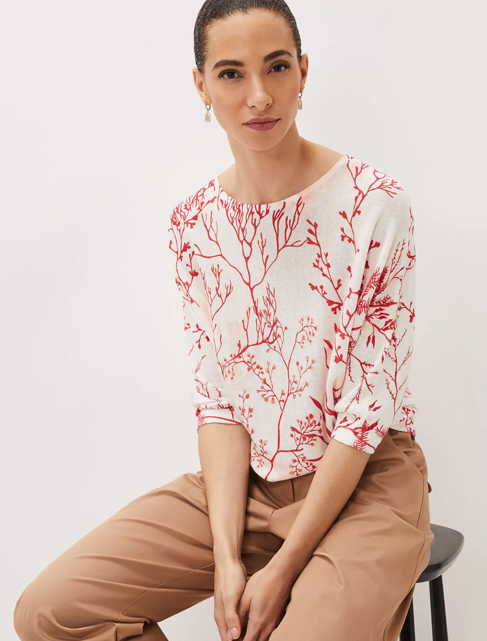 Phase Eight Eleanor Coral Print Linen Jumper Coral/Ivory Best