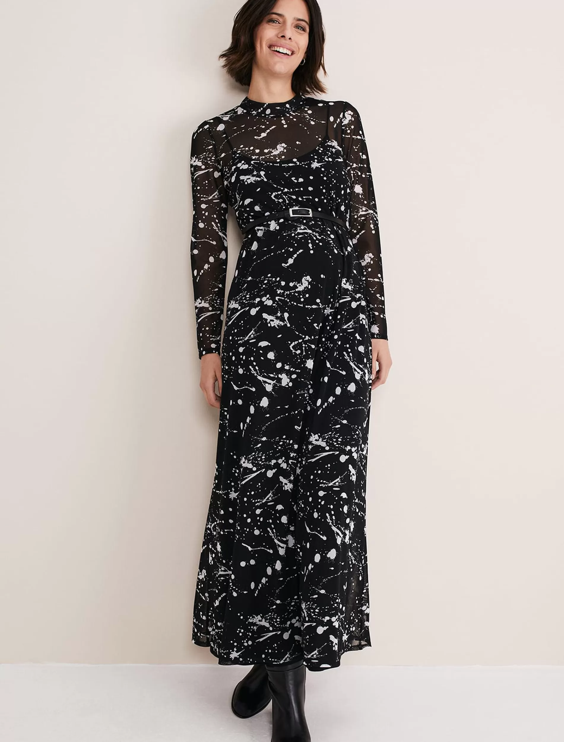 Phase Eight Elianna Splatter Long Sleeved Dress Black/Ivory Discount