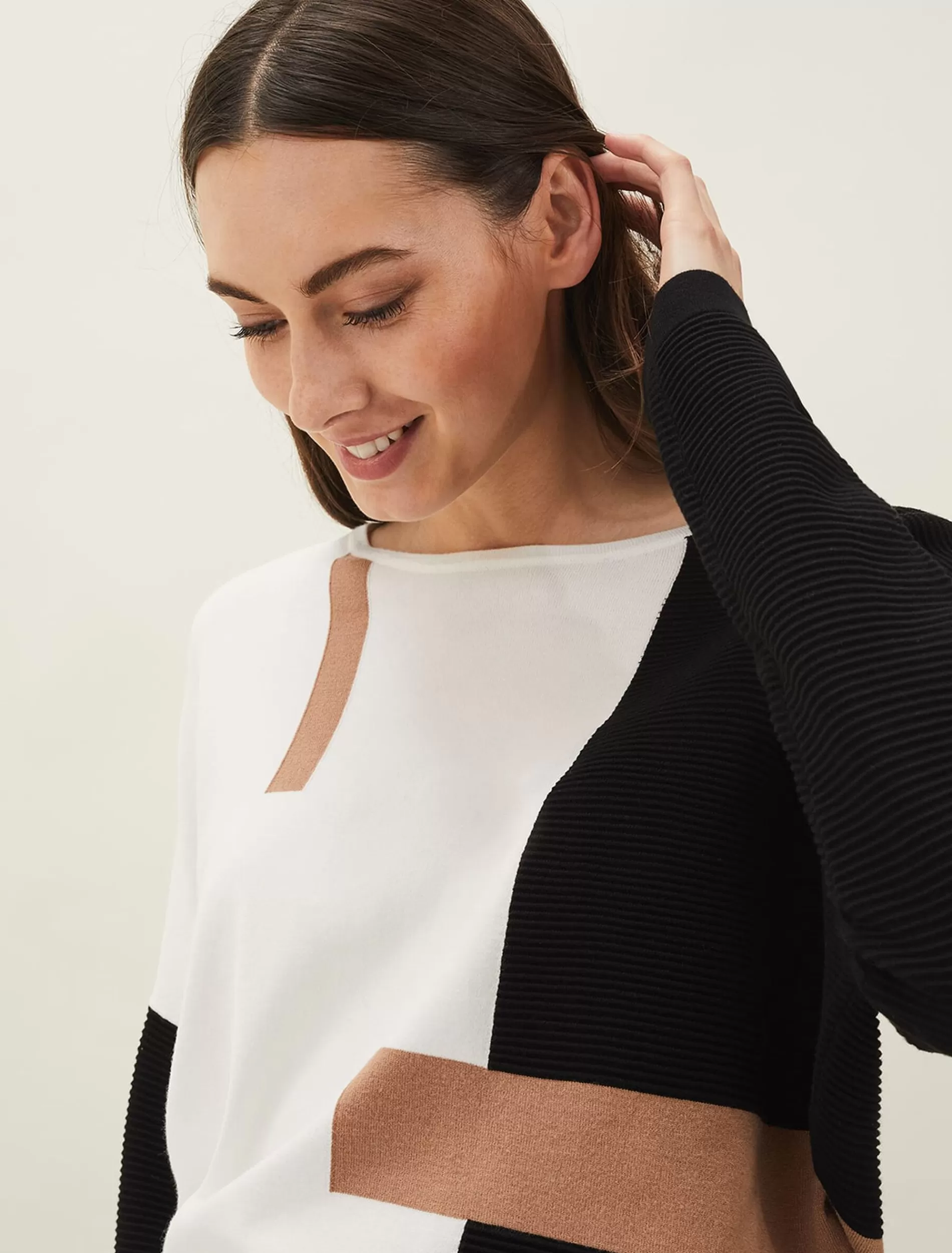 Phase Eight Ellan Colourblock Fine Knit Jumper Camel/Black Store