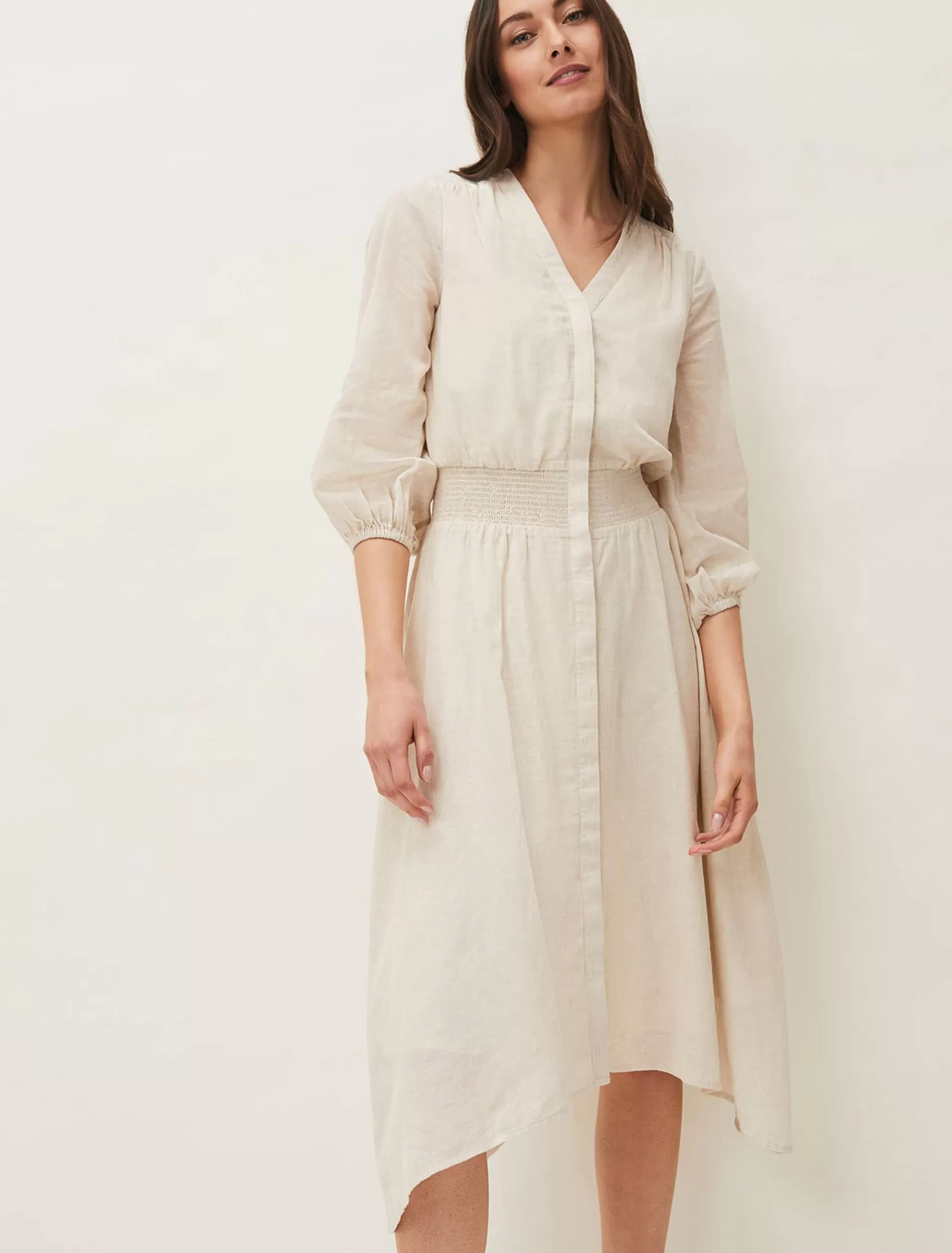 Phase Eight Elma Shirred Waist Puff Sleeve Midi Dress Stone New