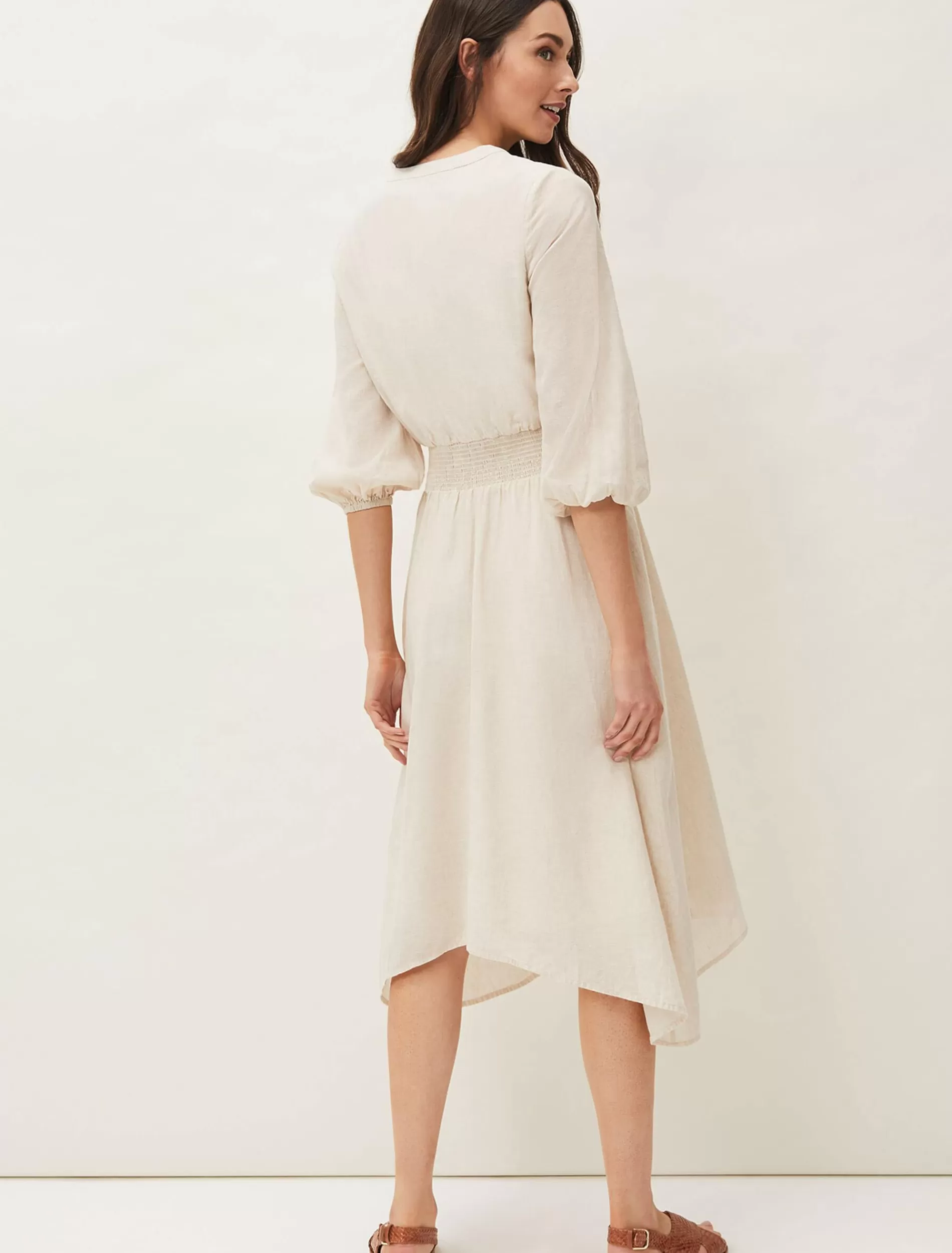 Phase Eight Elma Shirred Waist Puff Sleeve Midi Dress Stone New