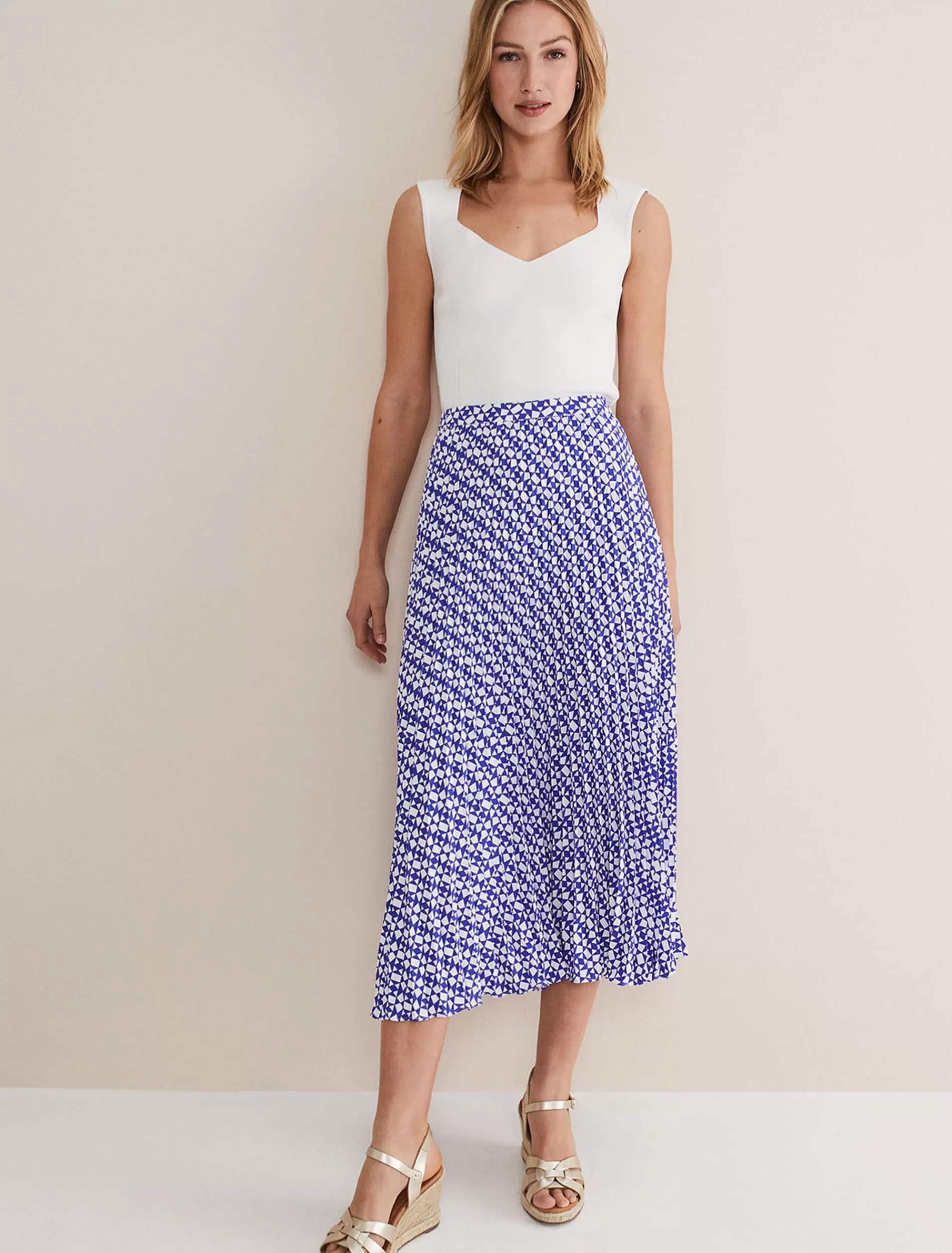 Phase Eight Elmina Geo Pleated Midi Skirt Blue/Ivory Clearance