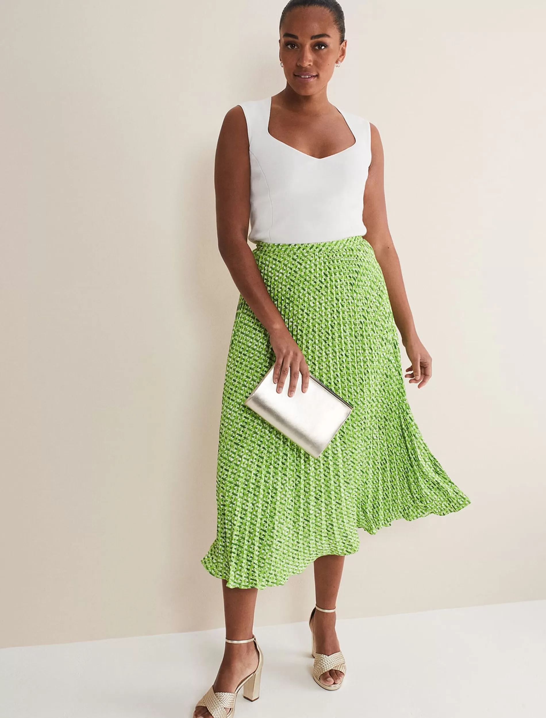 Phase Eight Elmina Geo Pleated Midi Skirt Green Sale