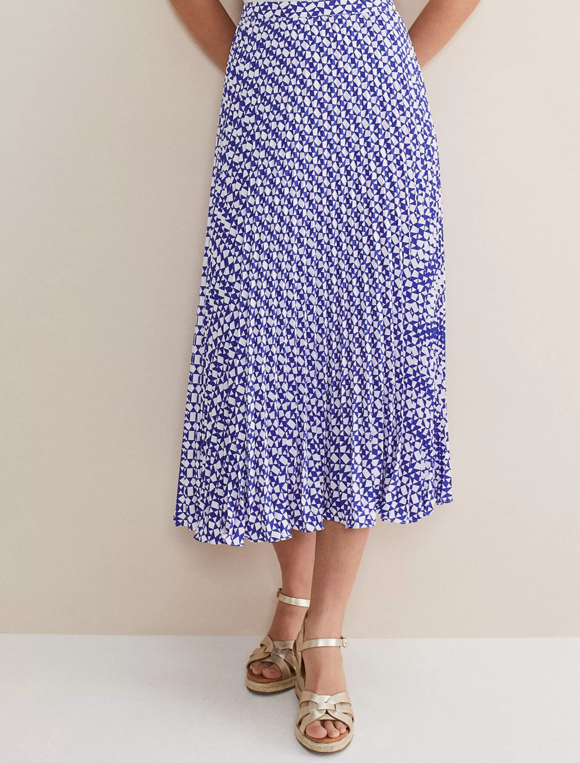 Phase Eight Elmina Geo Pleated Midi Skirt Blue/Ivory Clearance