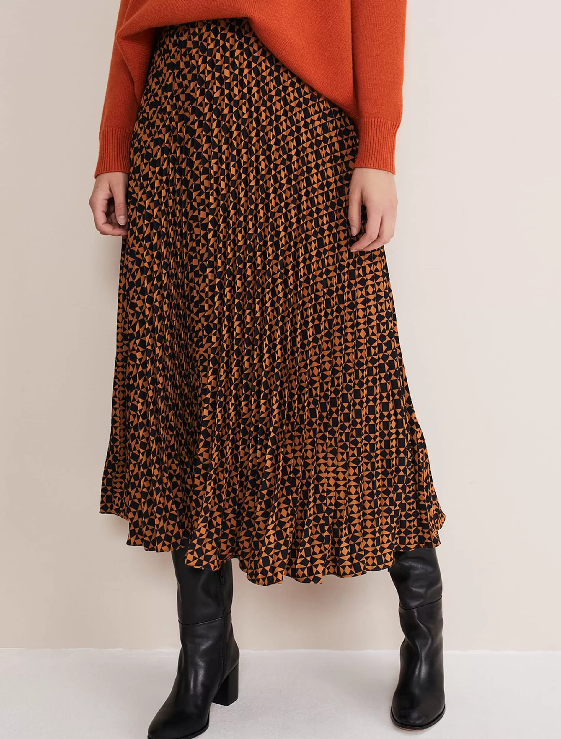Phase Eight Elmina Pleated Geo Print Midi Skirt Orange/Black Sale