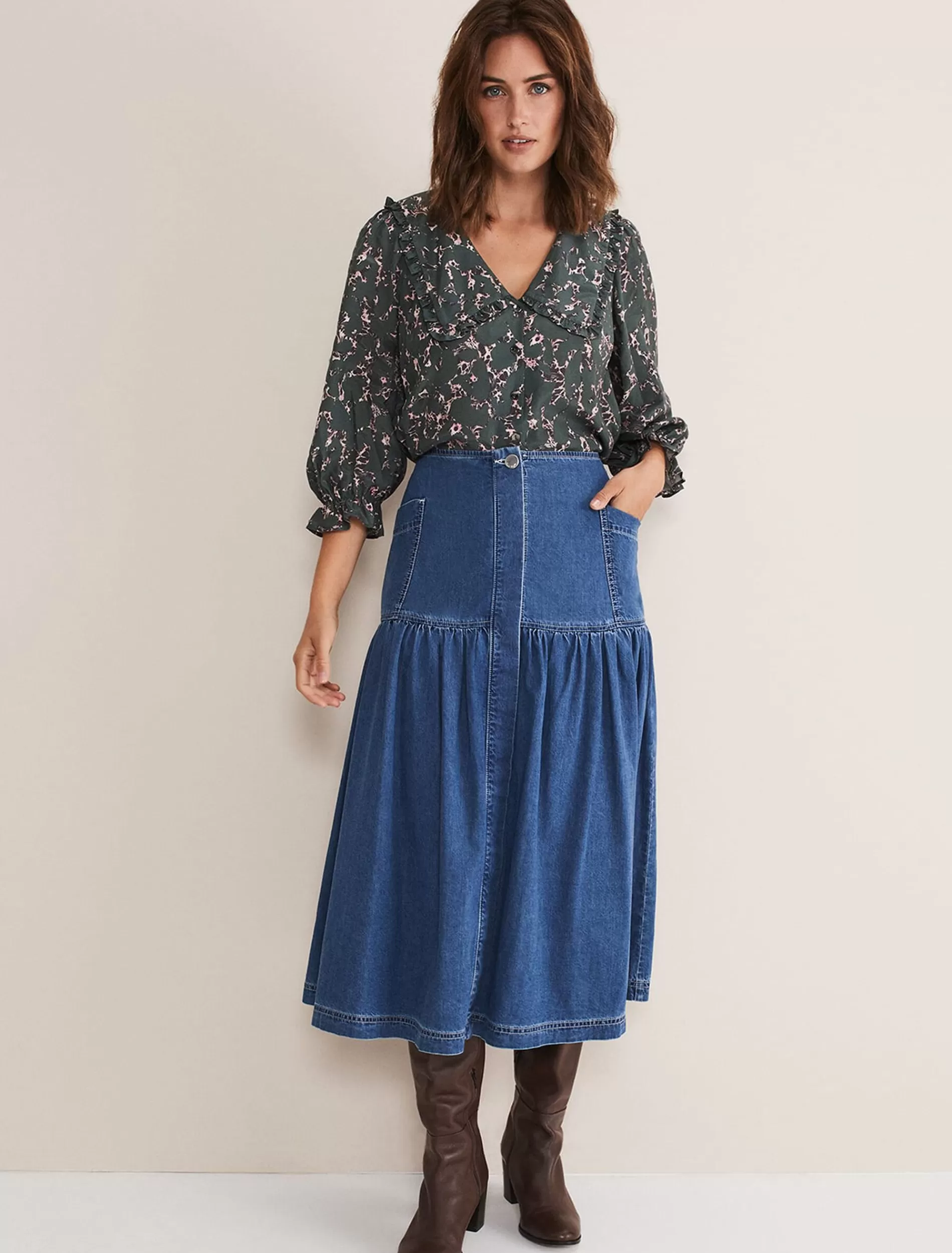 Phase Eight Elodie Tiered Denim Skirt Mid Wash Blue Store