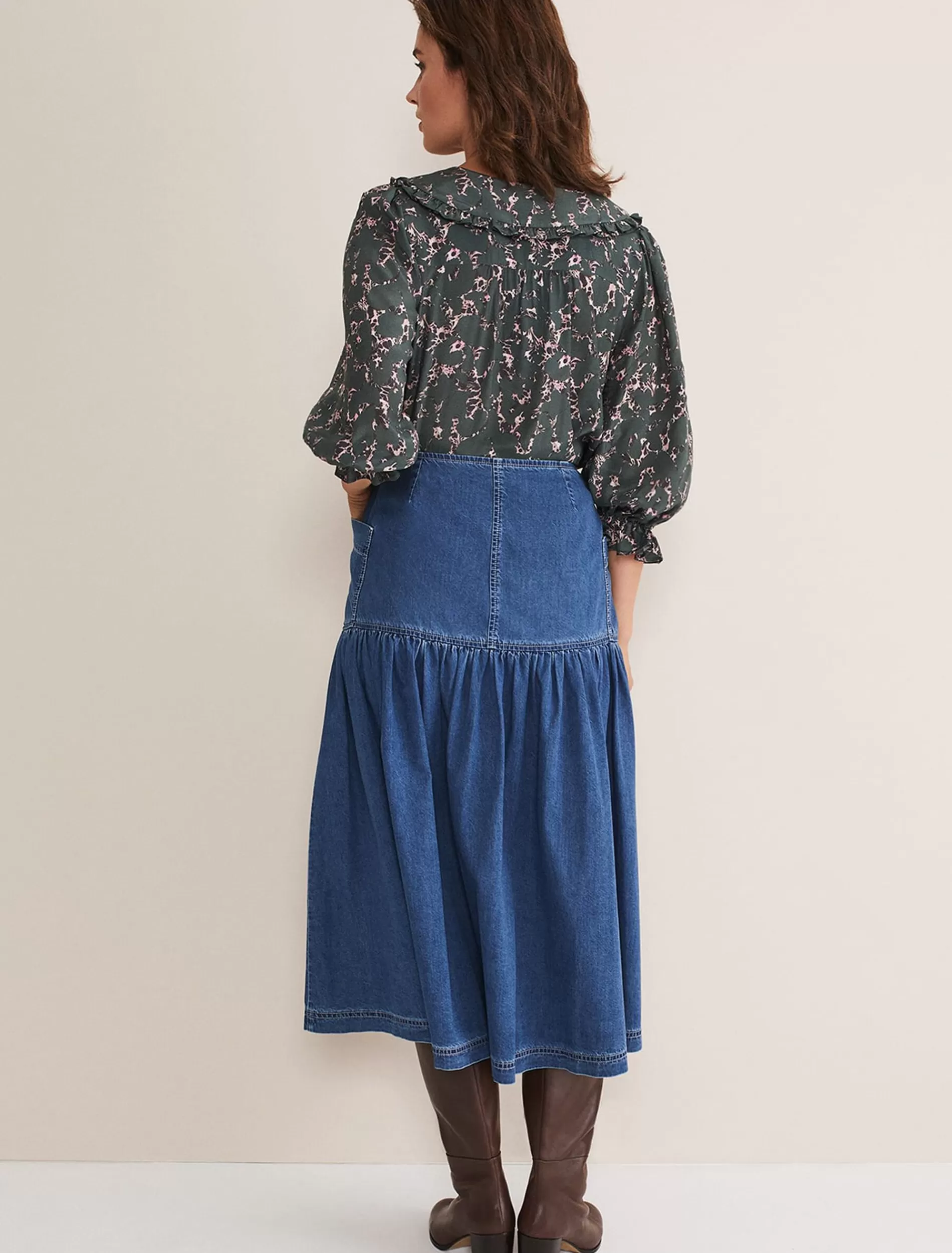 Phase Eight Elodie Tiered Denim Skirt Mid Wash Blue Store