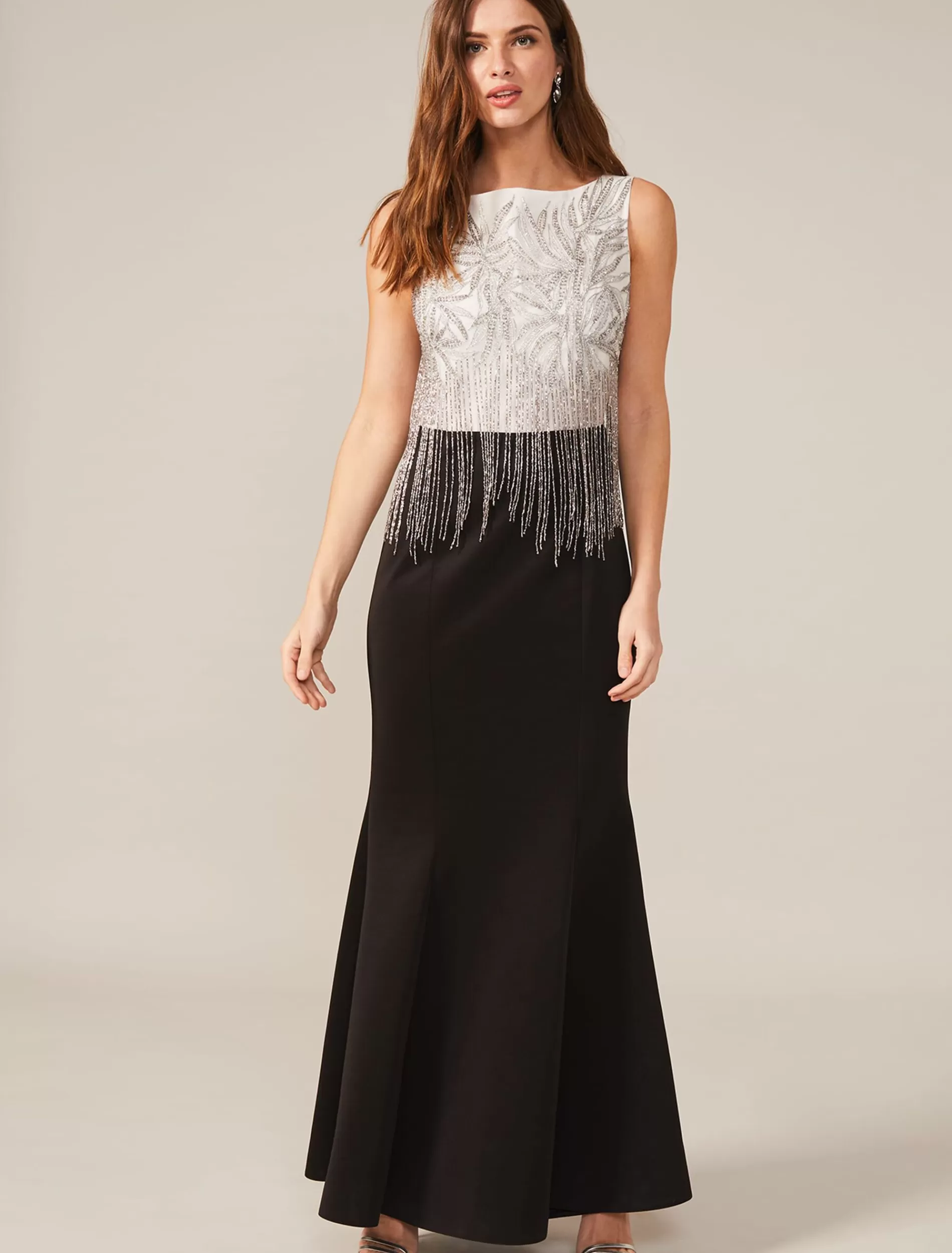 Phase Eight Esme Beaded Fringe Dress Oyster/Black Hot