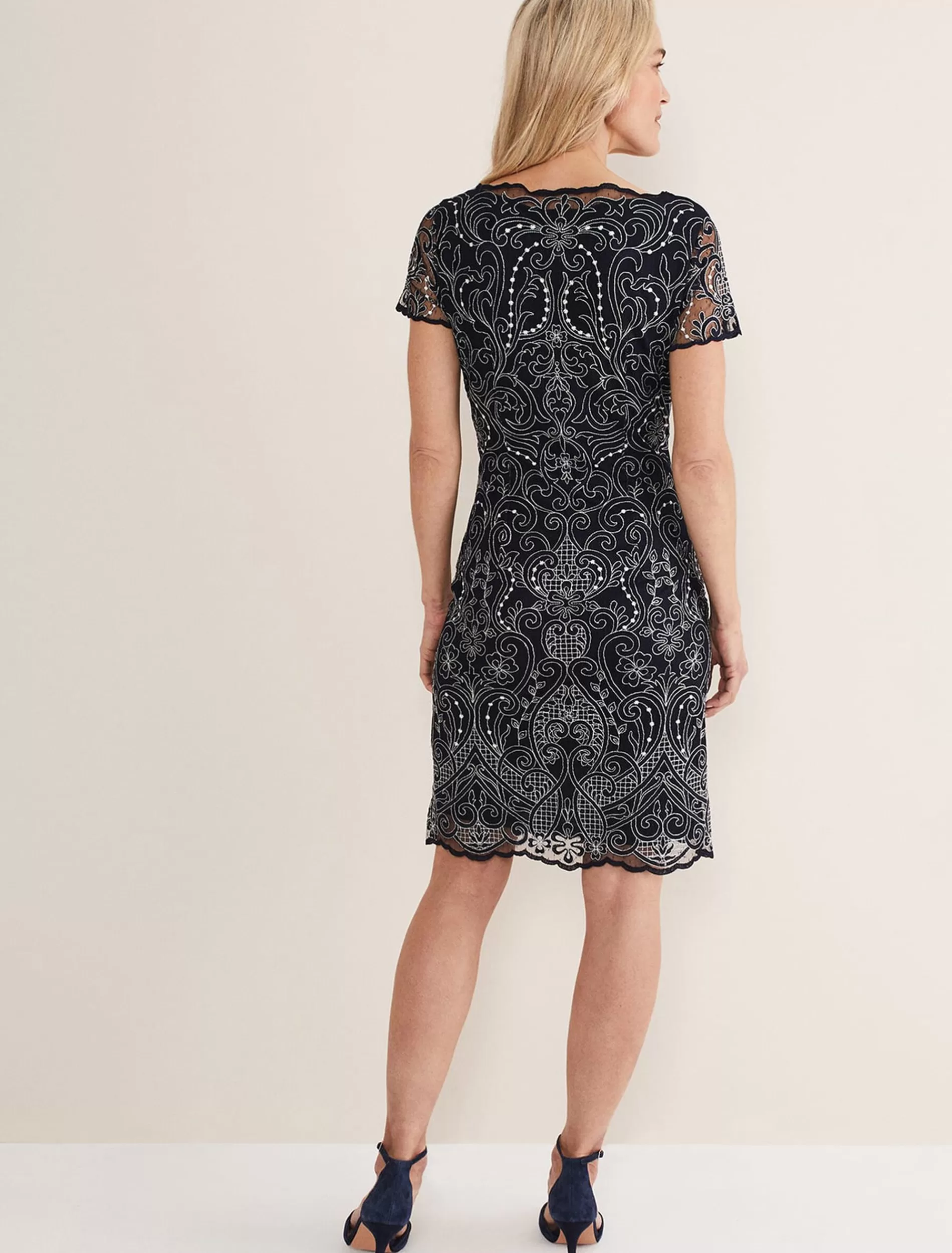 Phase Eight Esme Embroidered Dress Navy/Ivory Sale