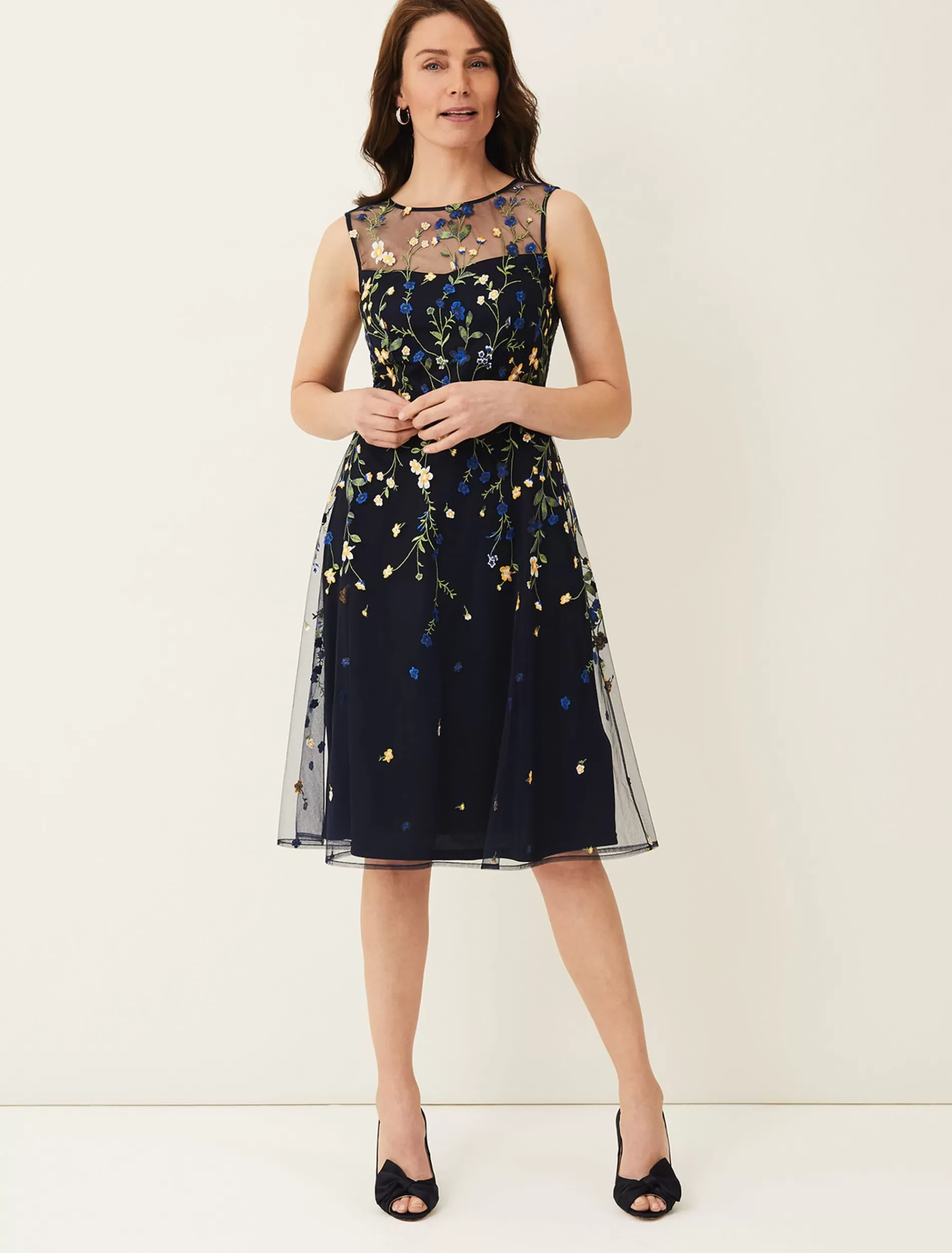 Phase Eight Esmeralda Embroidered Fit & Flare Dress Navy/Multi Clearance