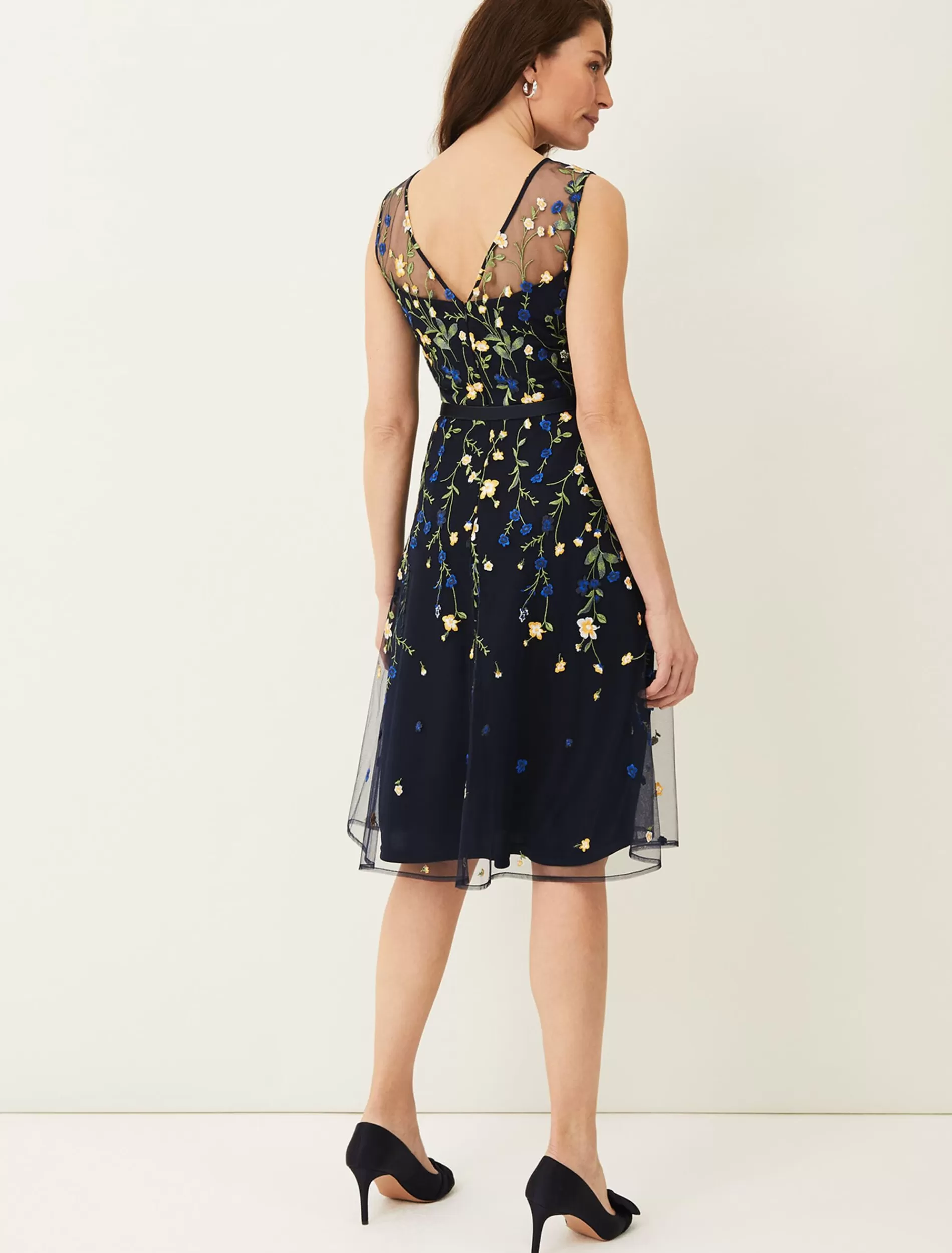 Phase Eight Esmeralda Embroidered Fit & Flare Dress Navy/Multi Clearance