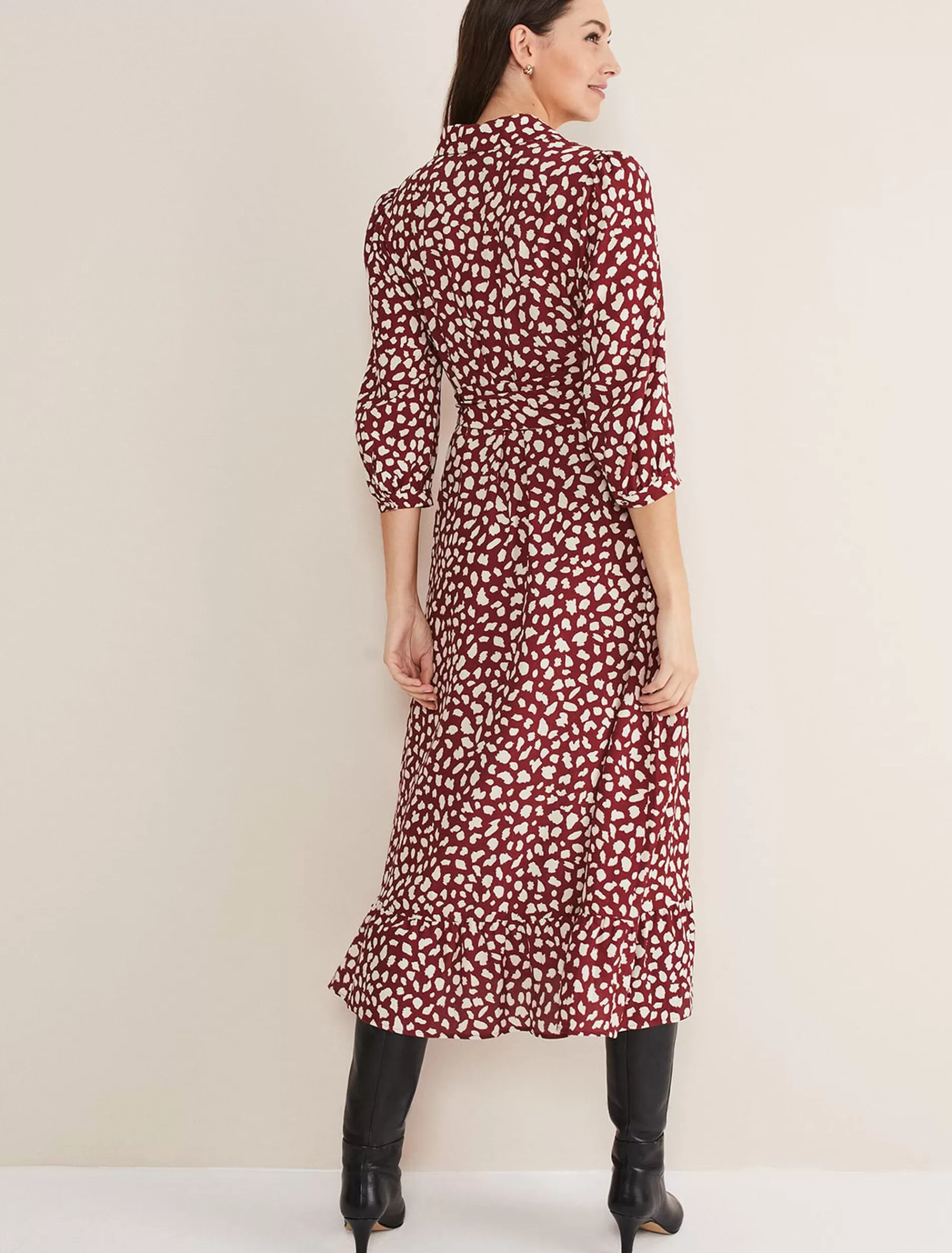 Phase Eight Este Polka Dot Shirt Midi Dress Dark Red Clearance