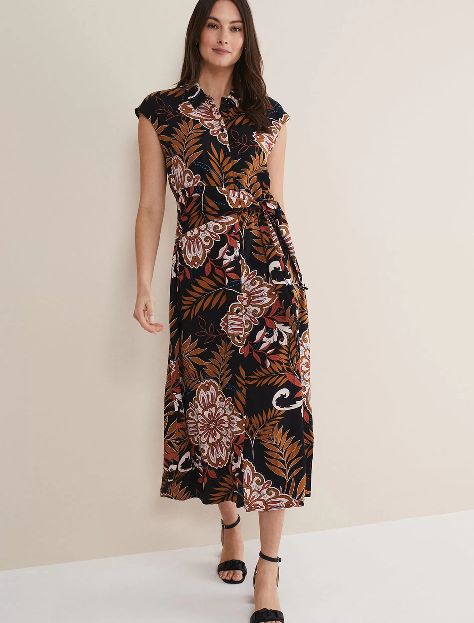 Phase Eight Estelle Paisley Tie Waist Dress Black/Multi Clearance