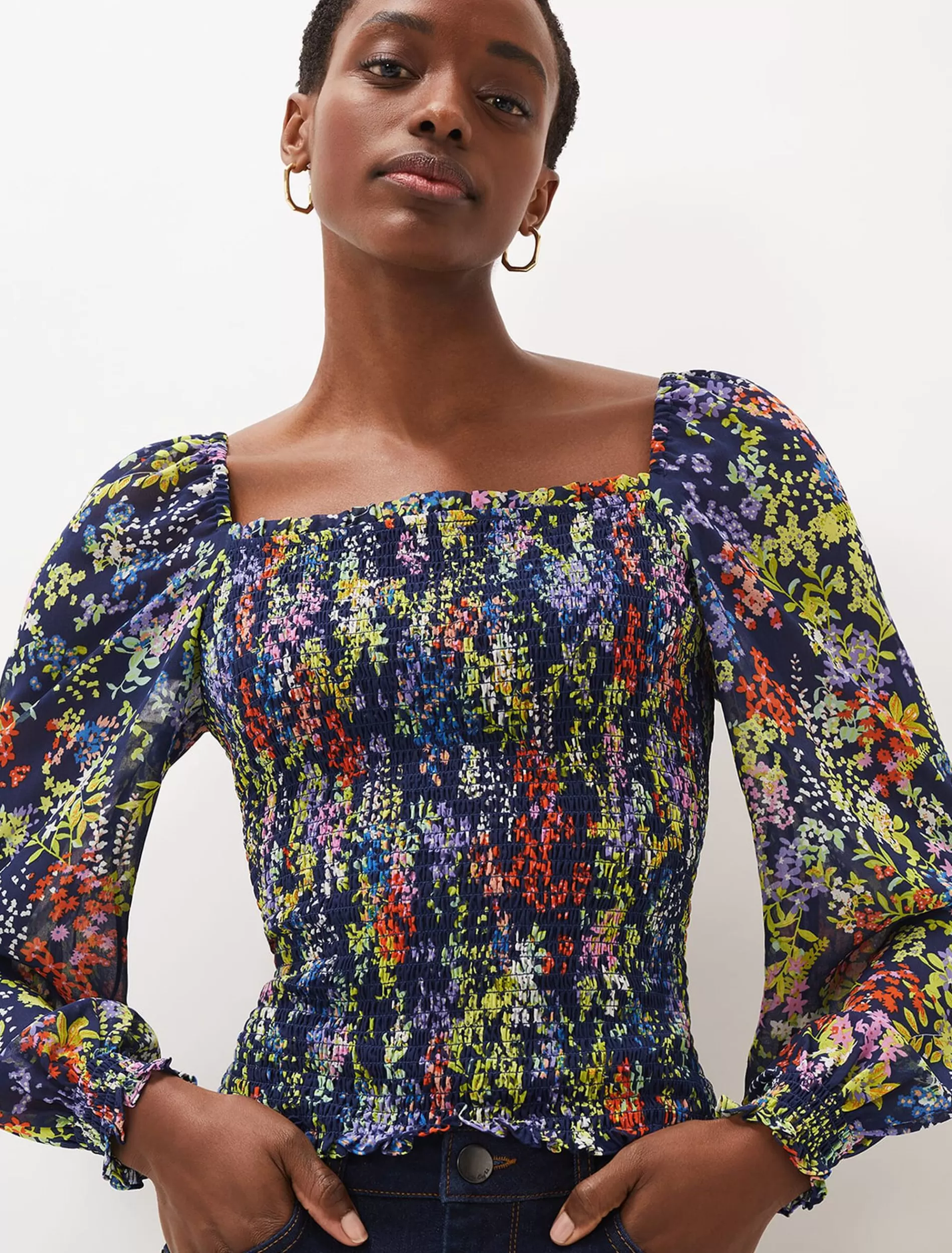 Phase Eight Esty Square Neck Blouse Navy/Multi New