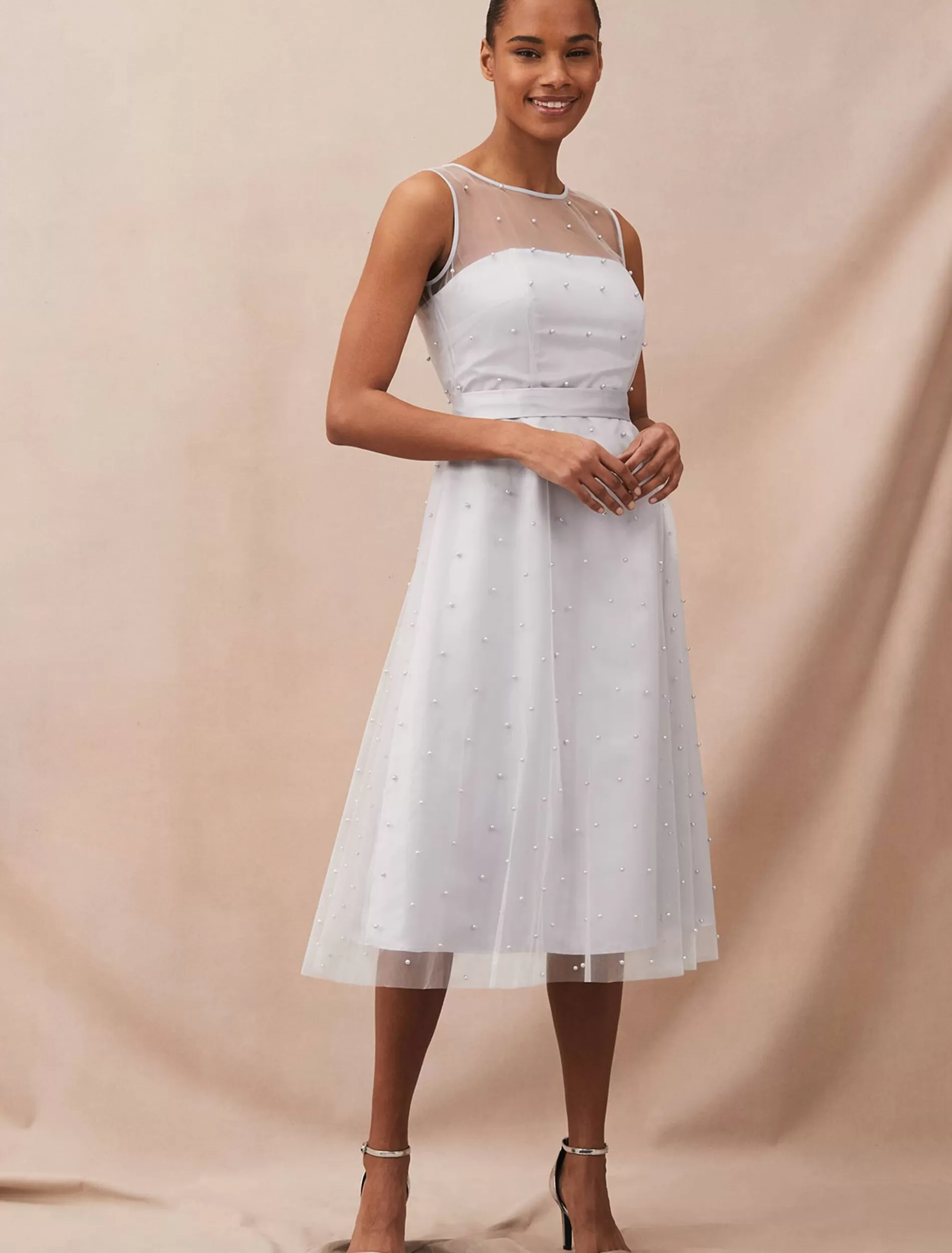 Phase Eight Evadine Pearl Embellished Tulle Dress Mineral Best
