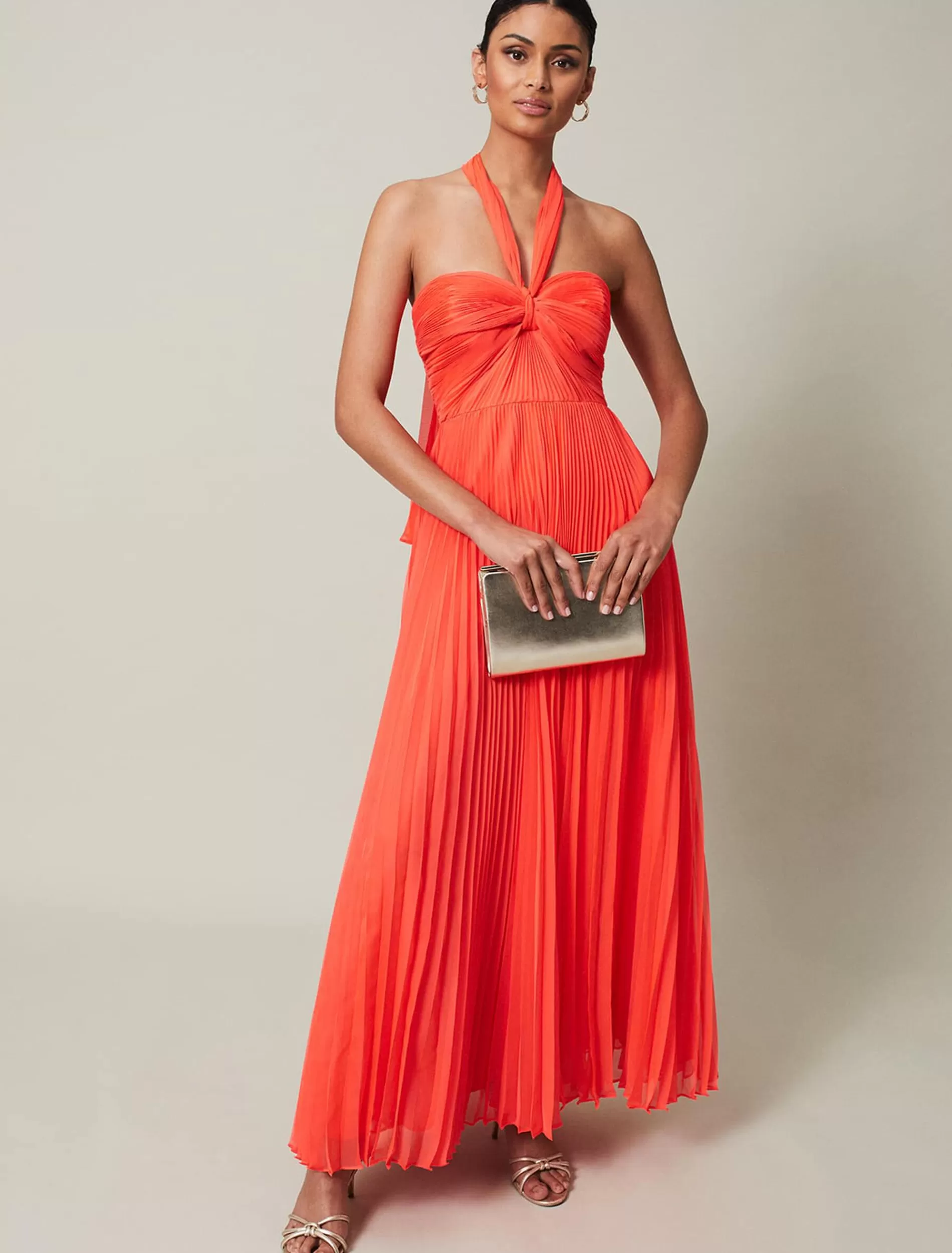 Phase Eight Evangeline Pleated Halterneck Maxi Dress Coral Best Sale