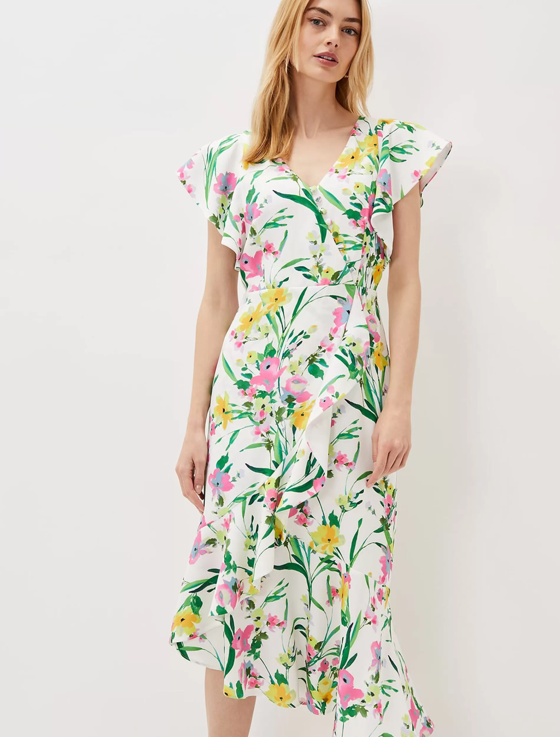 Phase Eight Evelin Printed Frill Hem Dress Ivory/Multi Clearance