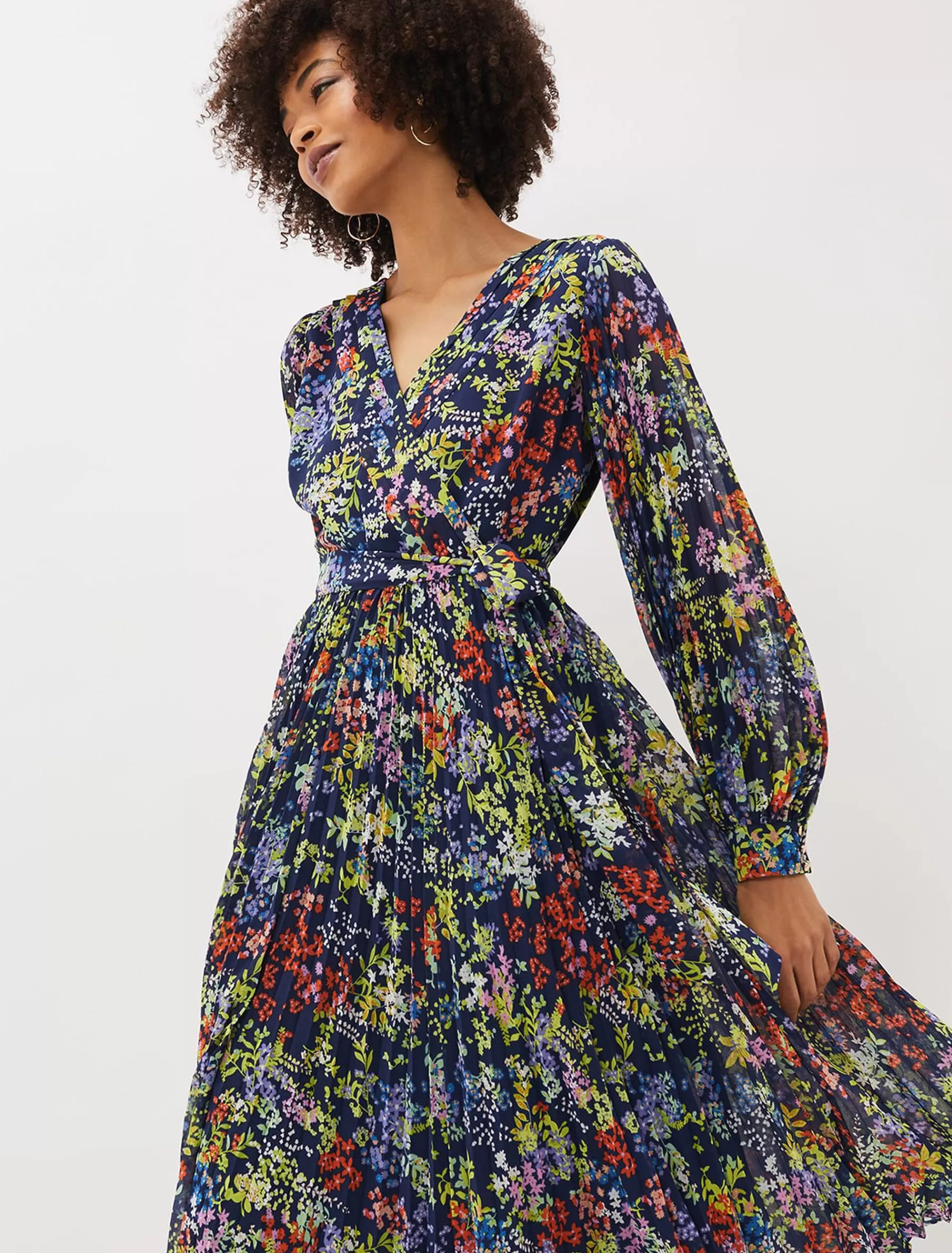 Phase Eight Fenella Ditsy Print Pleated Dress French Navy Clearance