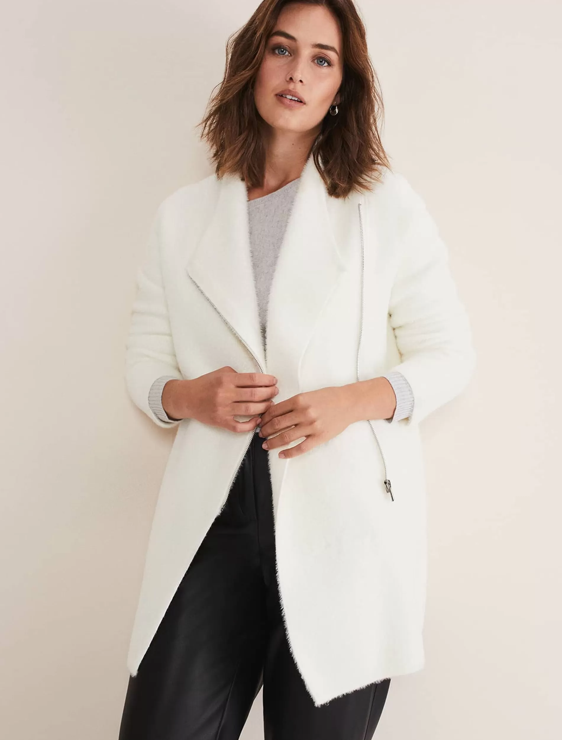 Phase Eight Fia Fluffy Zip Knit Coat Winter White Online