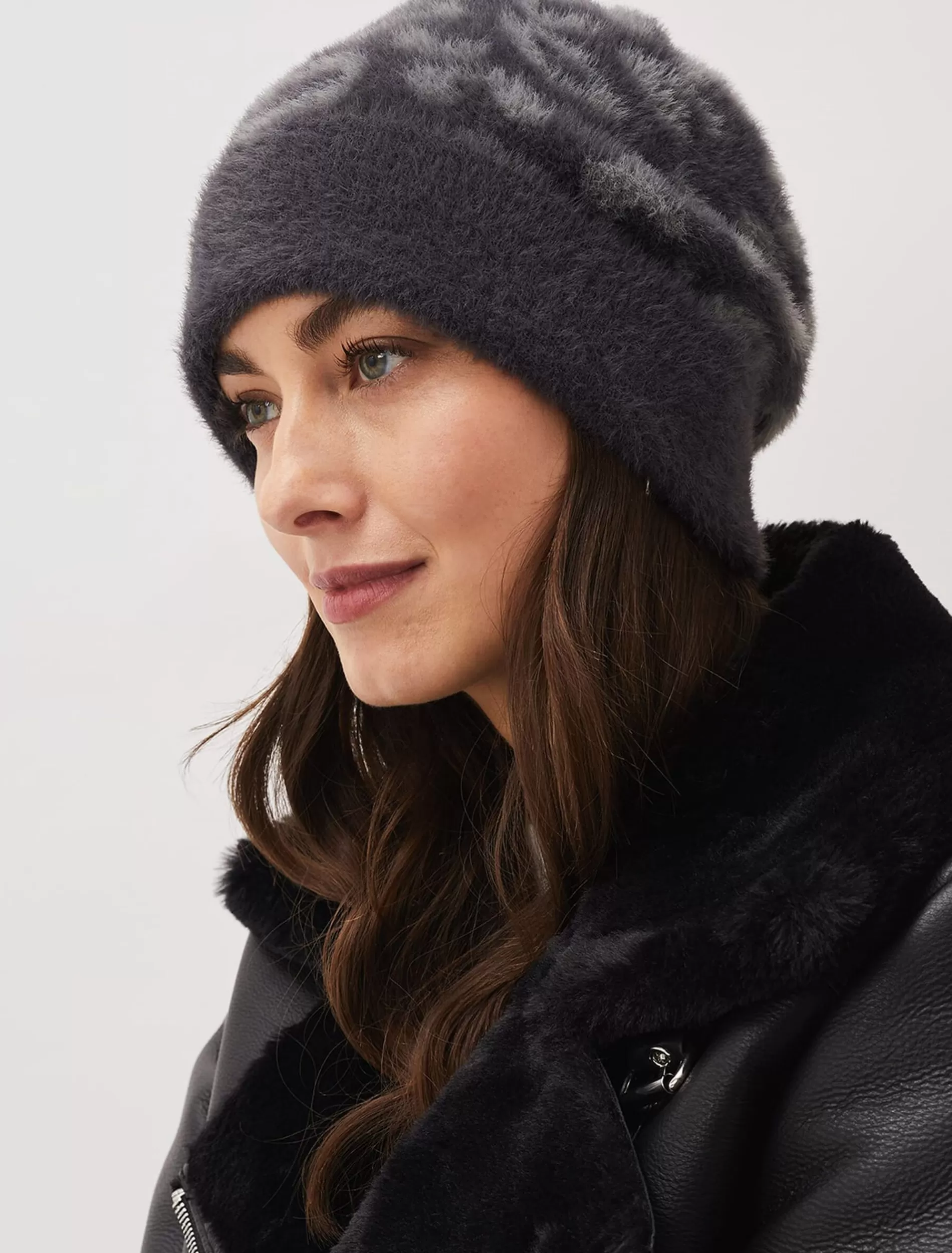 Phase Eight Fiona Leopard Fluffy Hat Charcoal Fashion