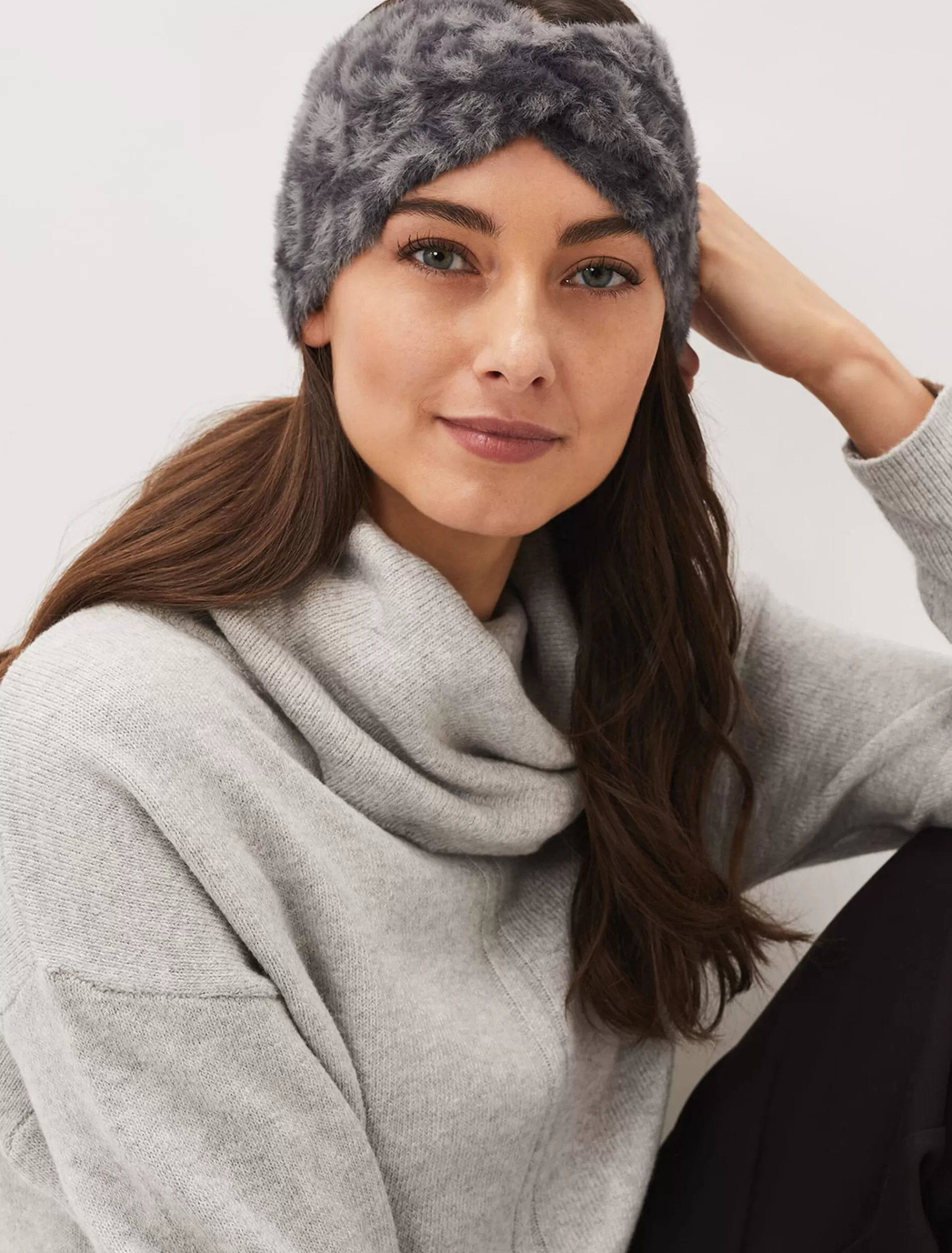 Phase Eight Fiona Leopard Fluffy Headband Charcoal Store