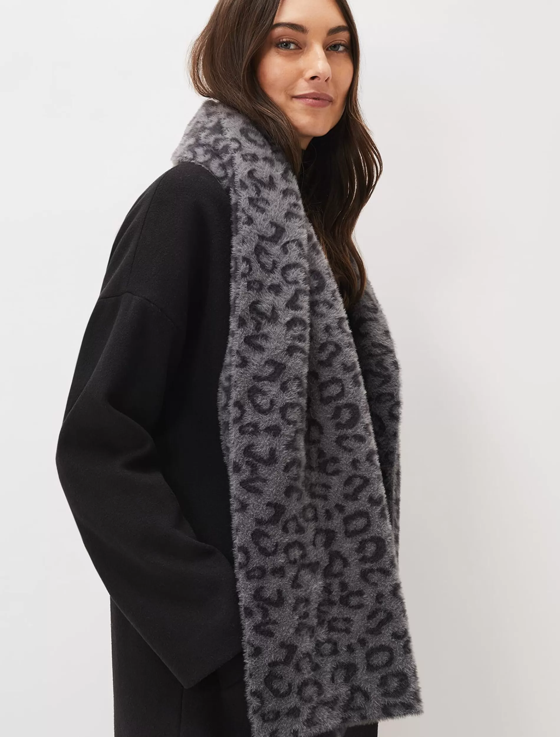 Phase Eight Fiona Leopard Print Fluffy Scarf Charcoal Flash Sale