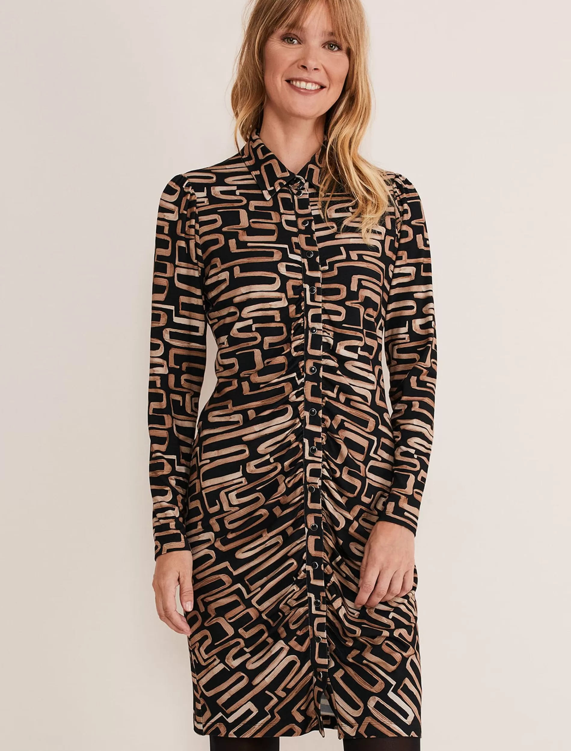 Phase Eight Flora Broken Lines Ruched Dress Black/Camel Outlet