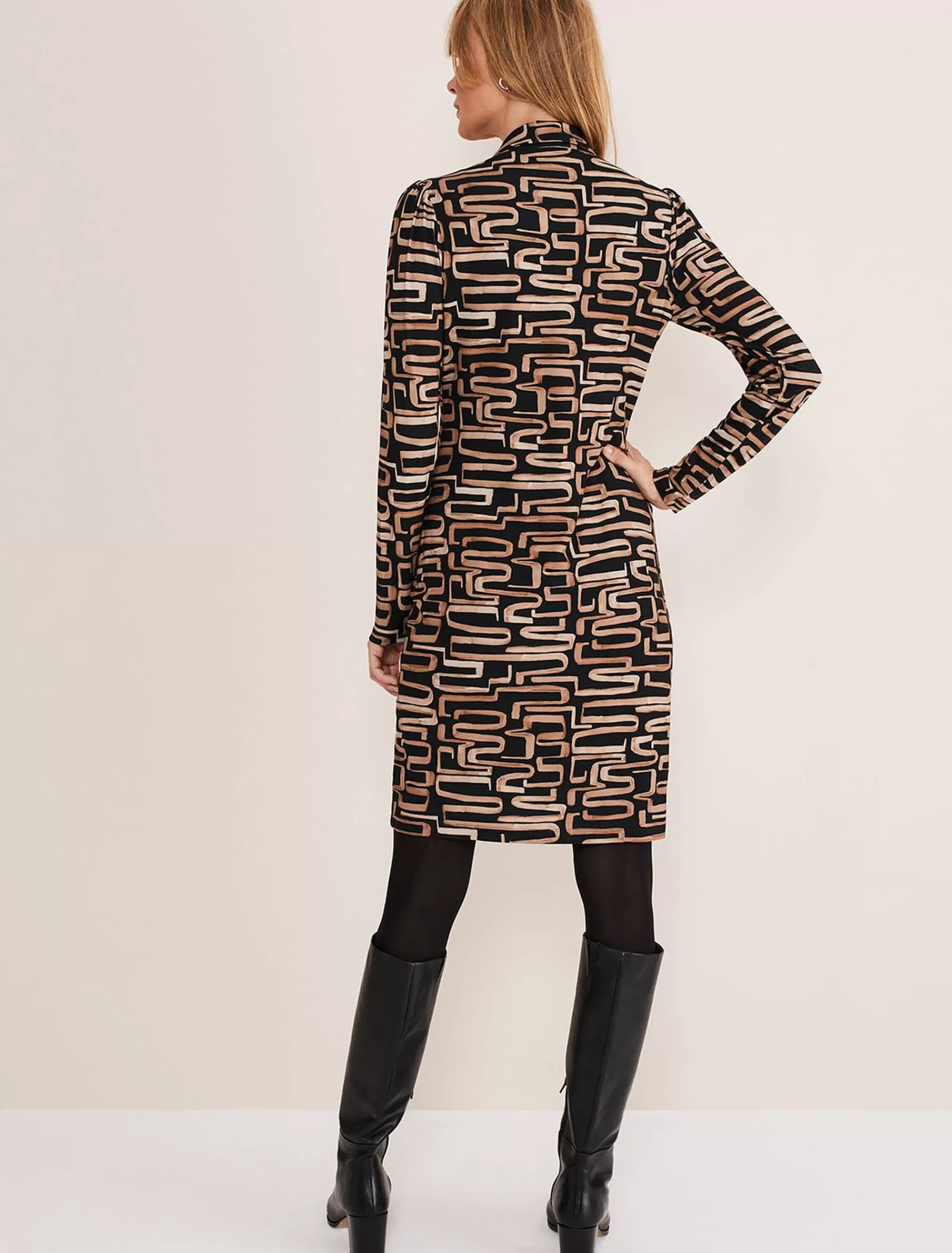 Phase Eight Flora Broken Lines Ruched Dress Black/Camel Outlet