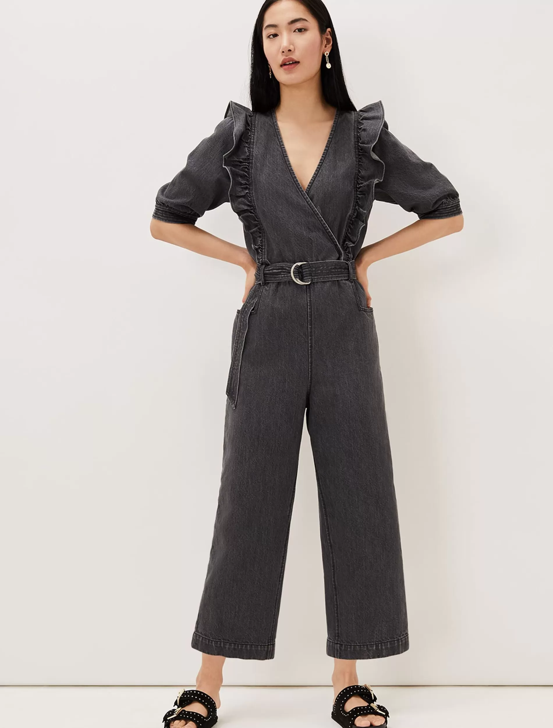 Phase Eight Flora Denim Frill Jumpsuit Grey Clearance