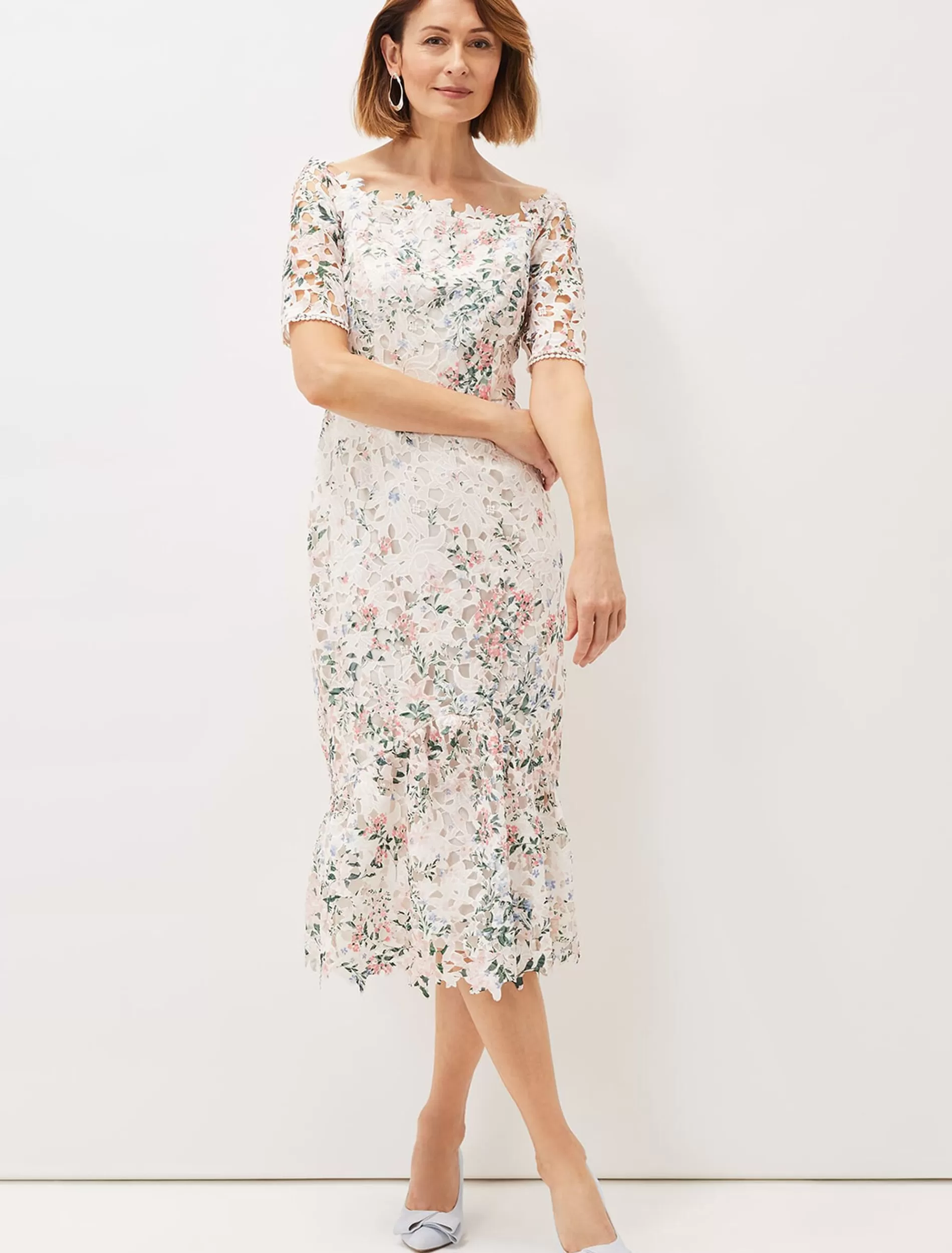 Phase Eight Franky Lace Bardot Midi Dress Ivory/Multi Flash Sale
