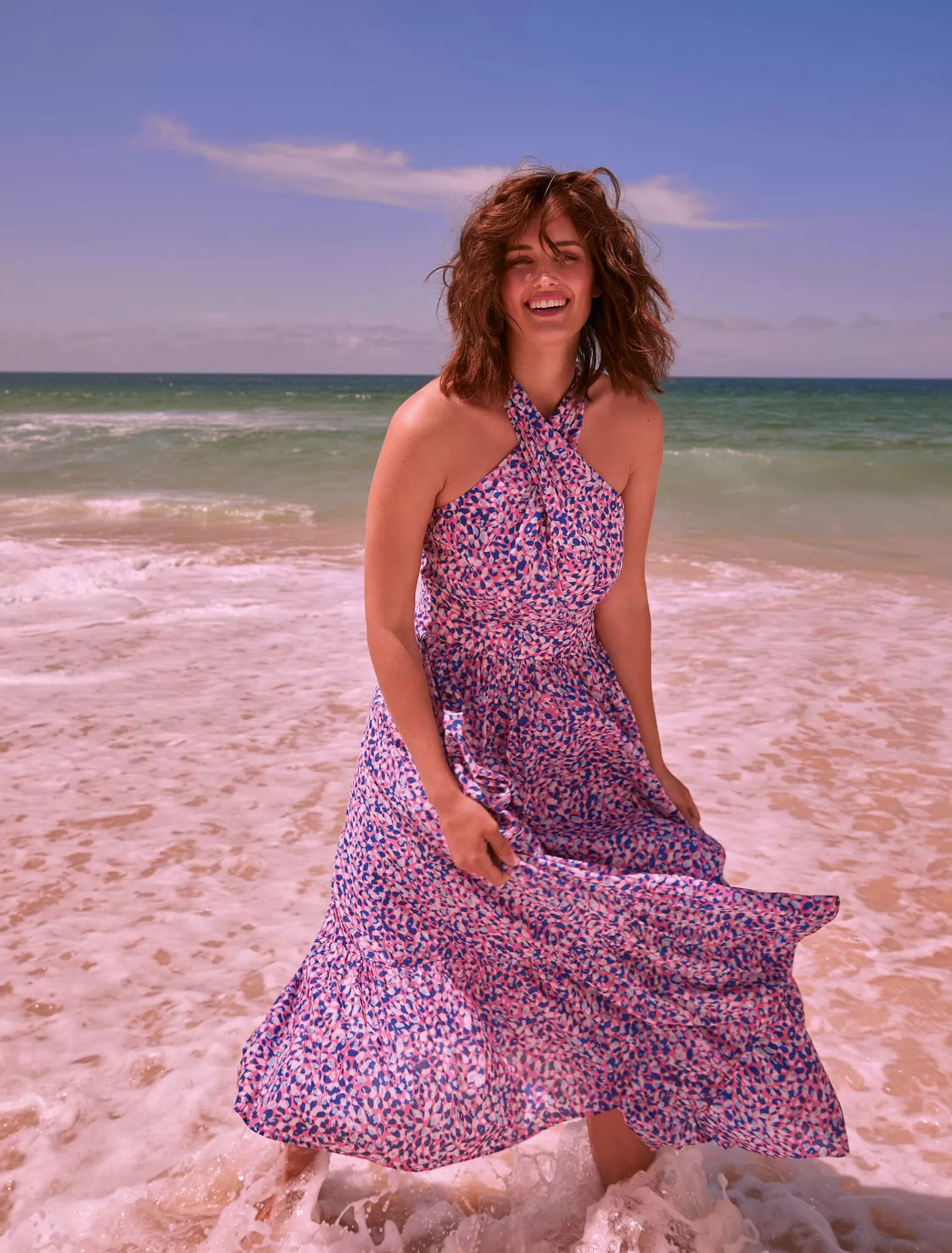 Phase Eight Gemmi Cotton Almond Print Halterneck Dress Pink Multi Fashion