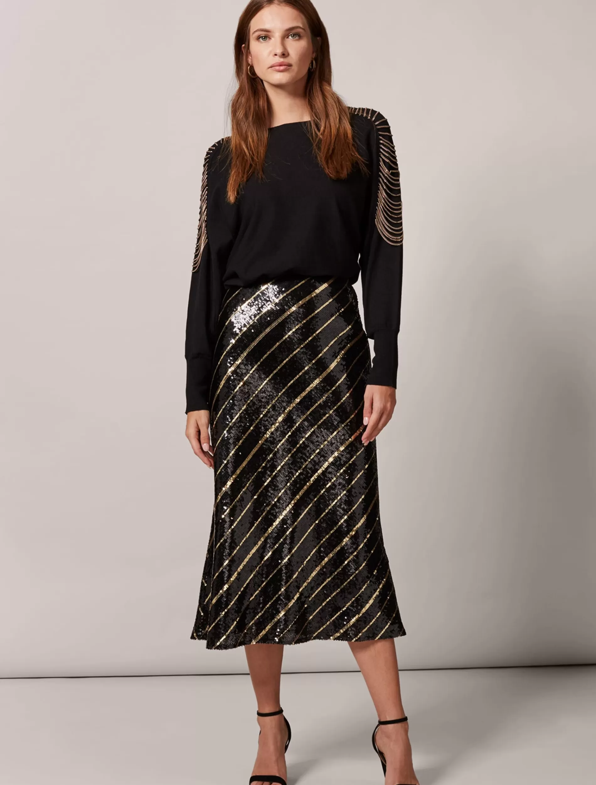 Phase Eight Giana Stripe Sequin Skirt Black/Bronze New