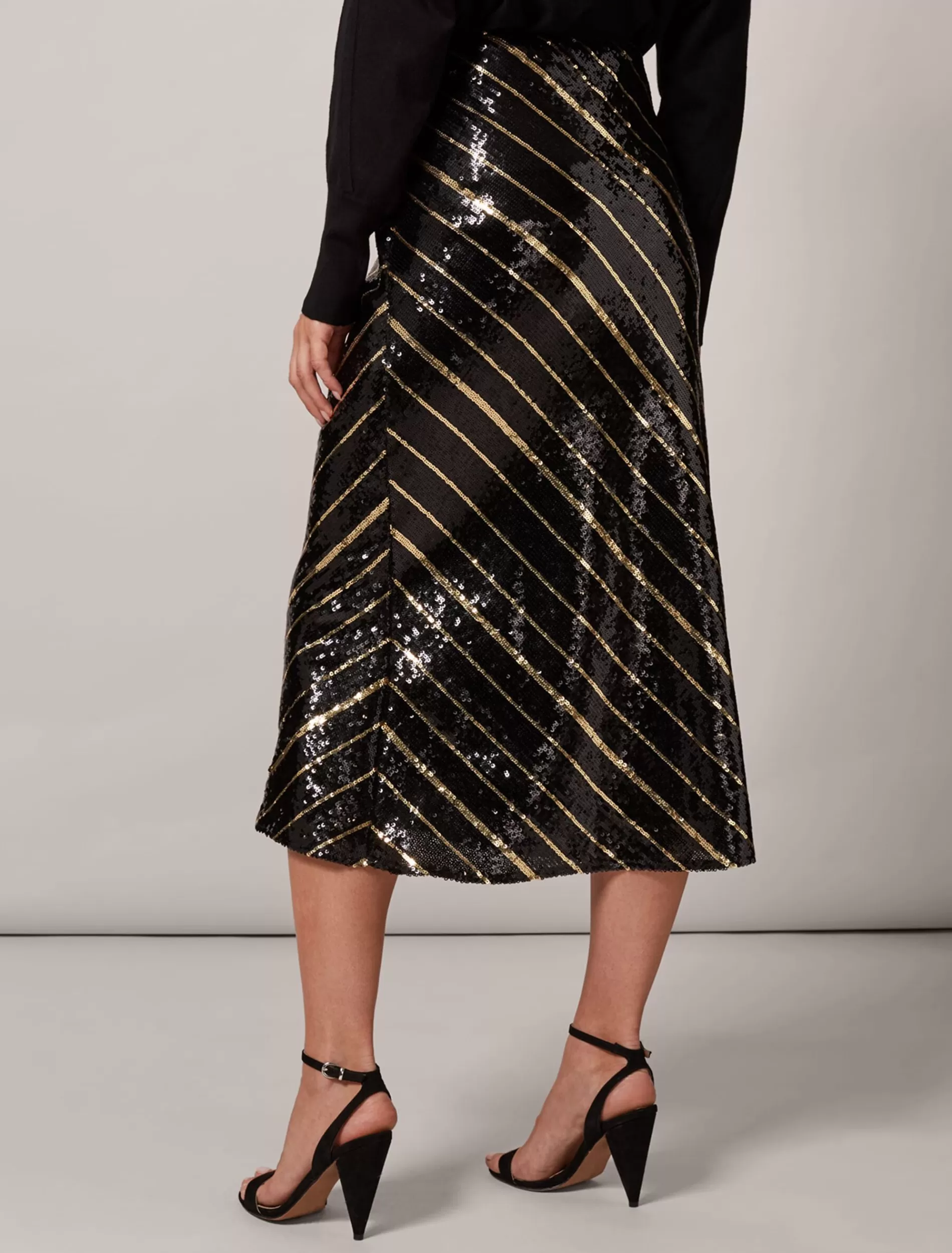 Phase Eight Giana Stripe Sequin Skirt Black/Bronze New