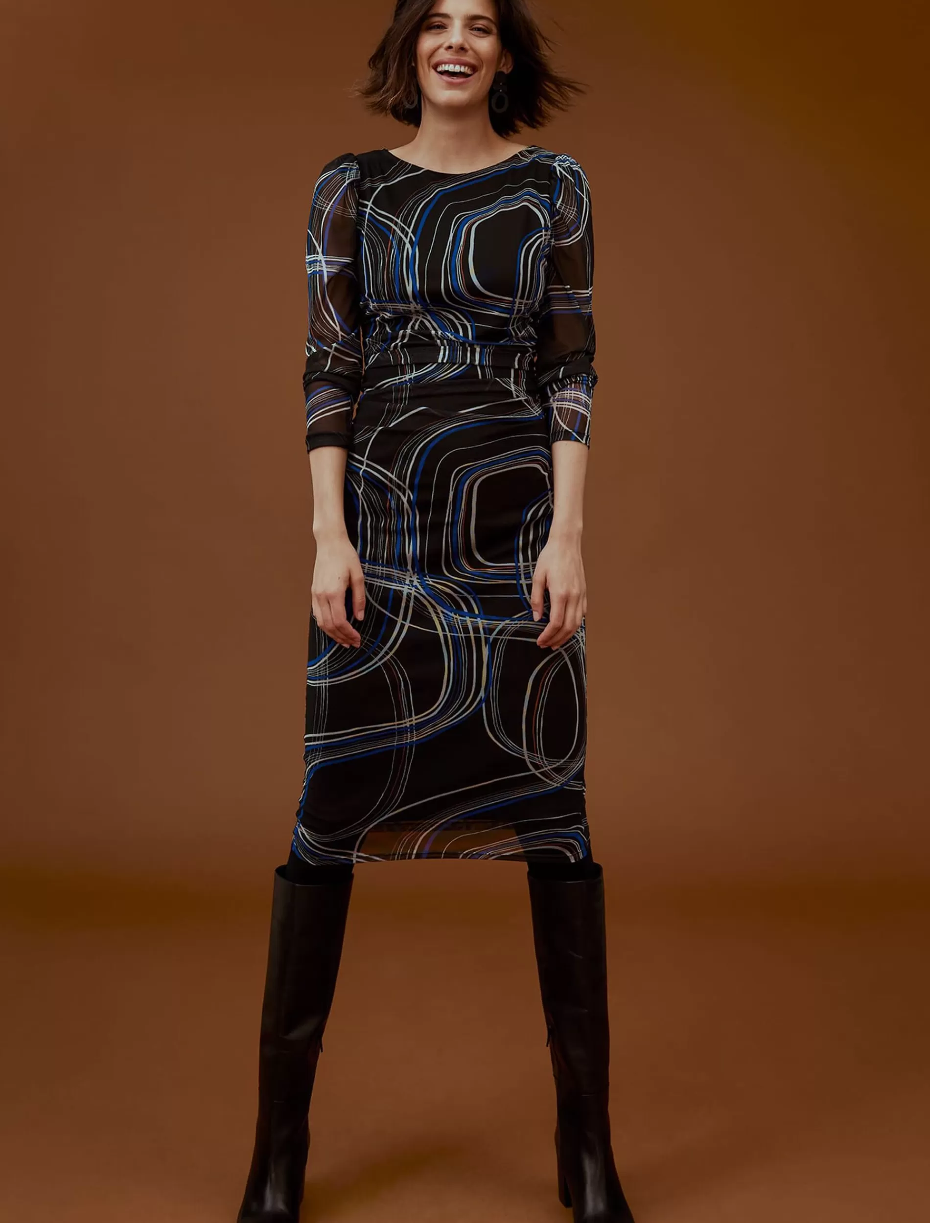 Phase Eight Gizelle Swirl Long Sleeved Dress Cobalt/Black Store