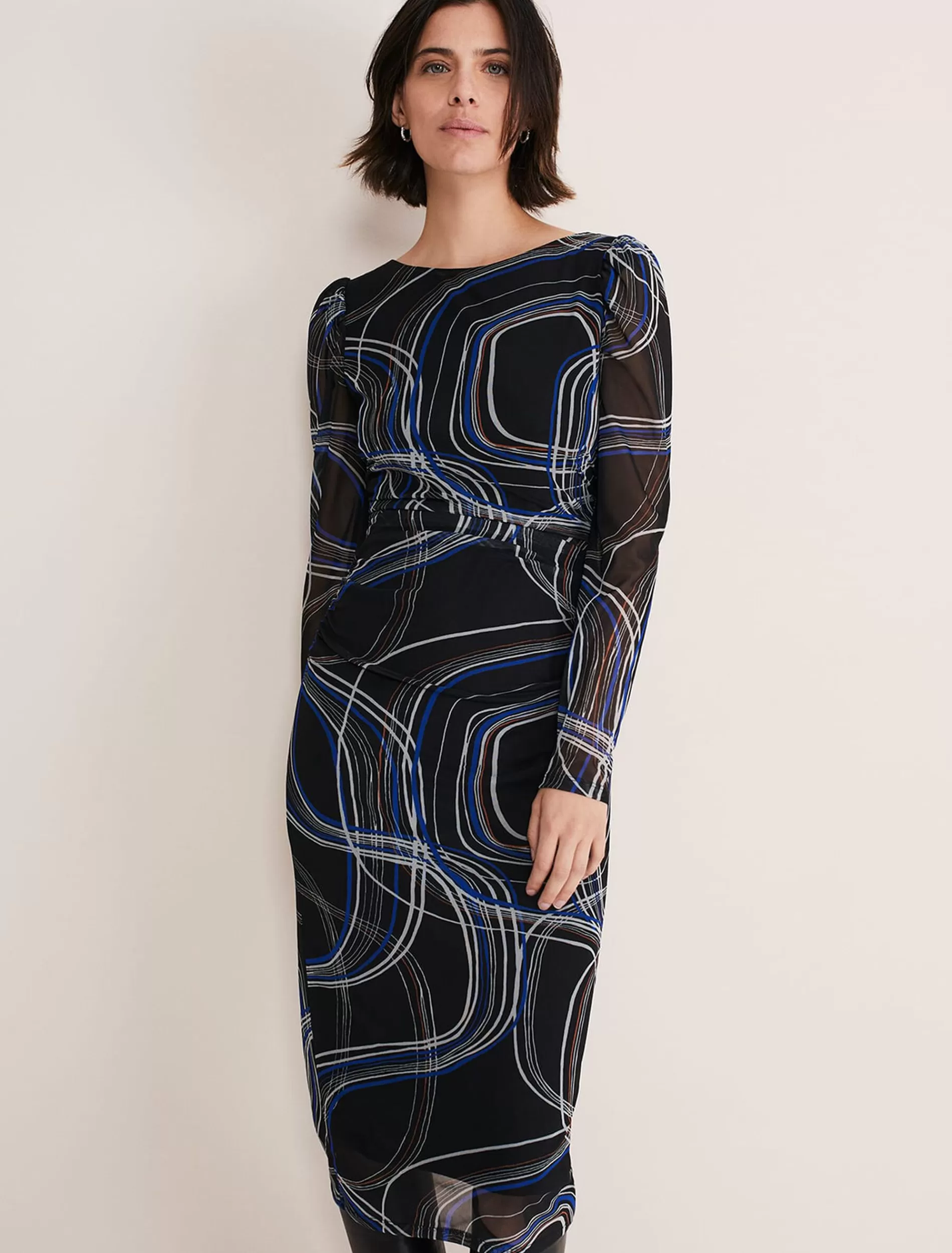 Phase Eight Gizelle Swirl Long Sleeved Dress Cobalt/Black Store
