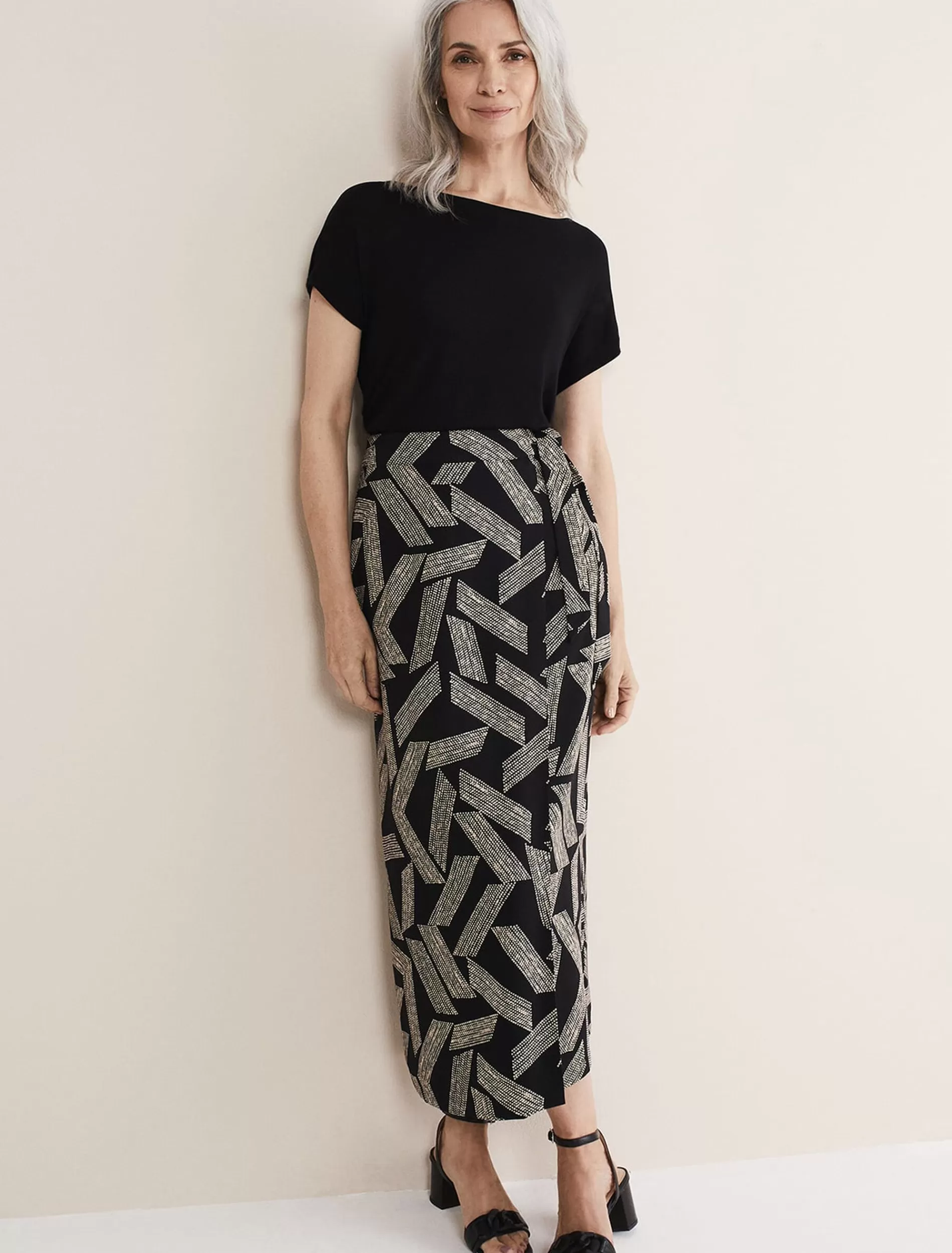 Phase Eight Hatty Diagonal Dot Wrap Skirt Black/Ivory Hot