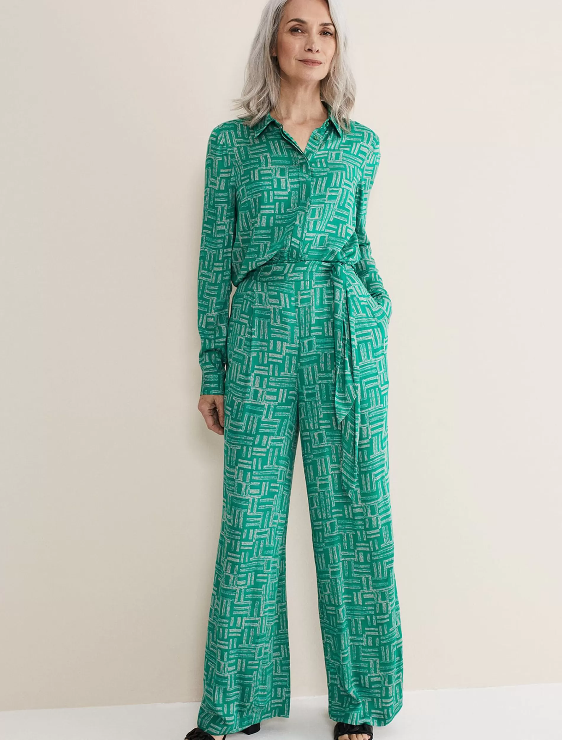 Phase Eight Hatty Wide Leg Trousers Green/Stone New
