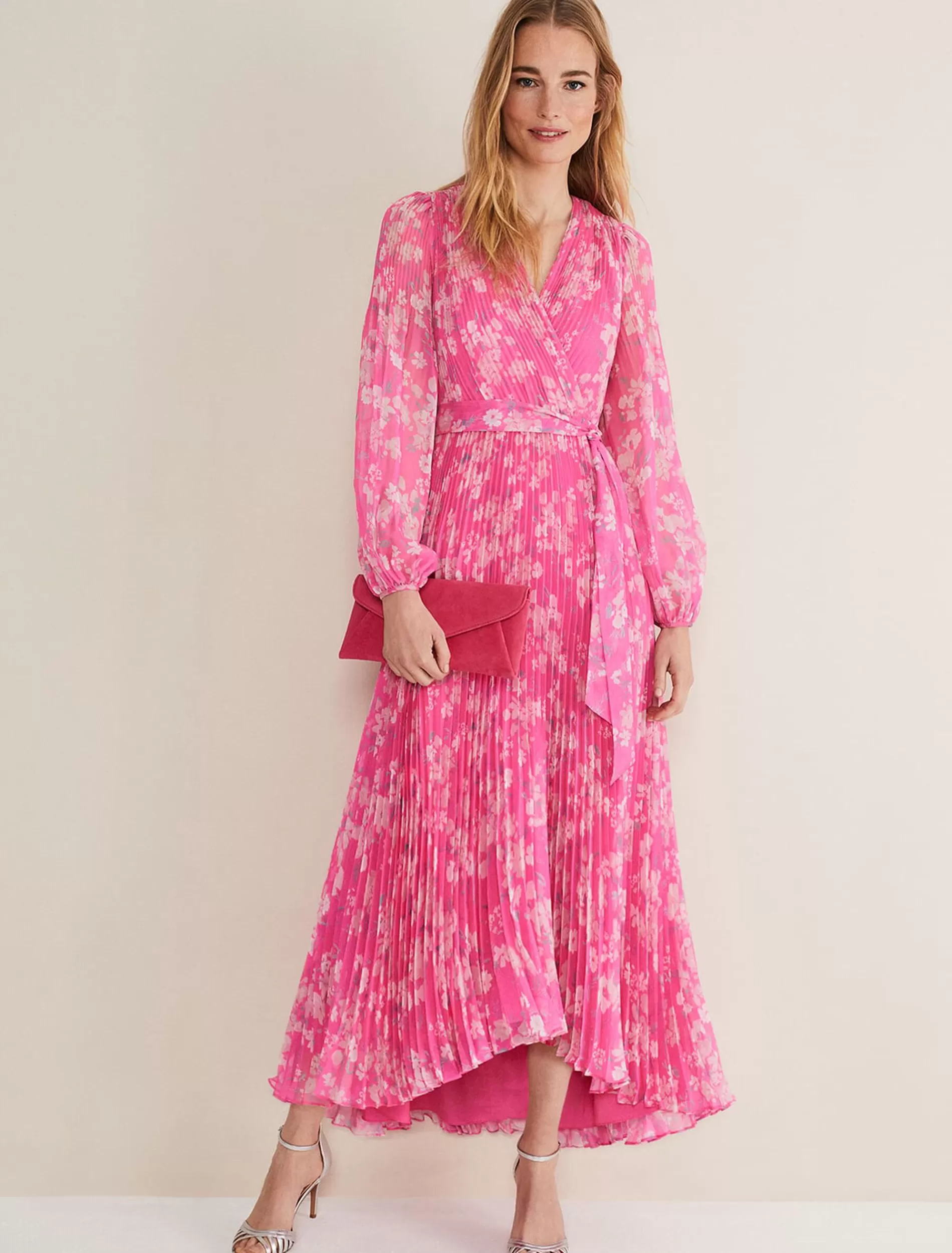 Phase Eight Hayley Floral Pleated Maxi Dress Neon Pink Best