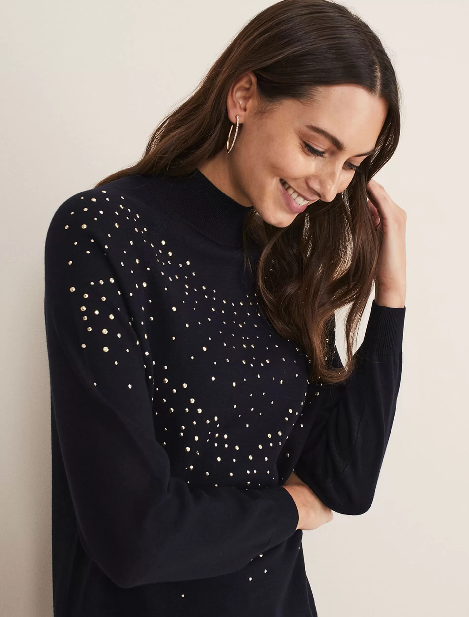 Phase Eight Helena Gold Stud Knit Dress Midnight Fashion
