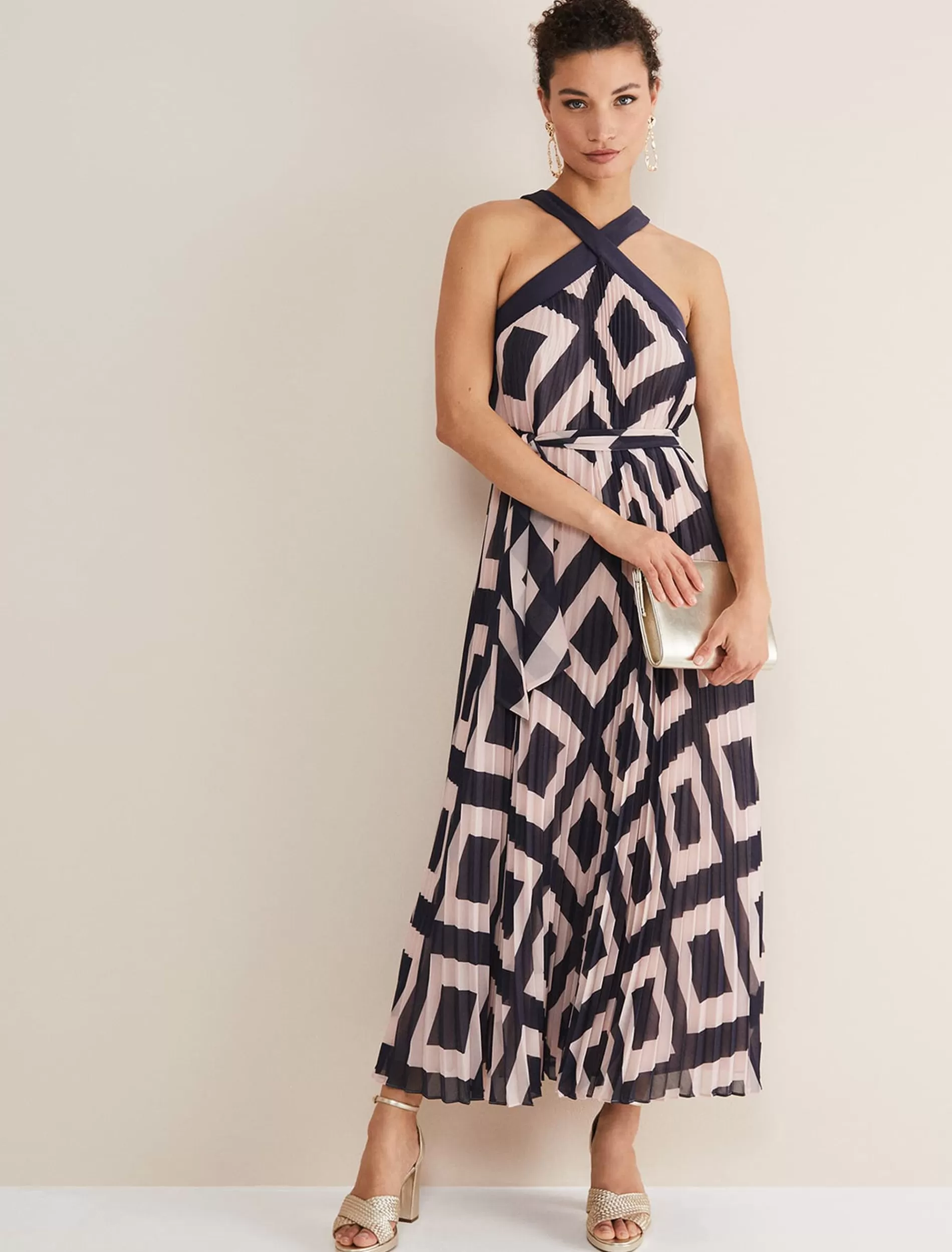 Phase Eight Hestia Diamond Trapeze Maxi Dress Navy/Pink Hot