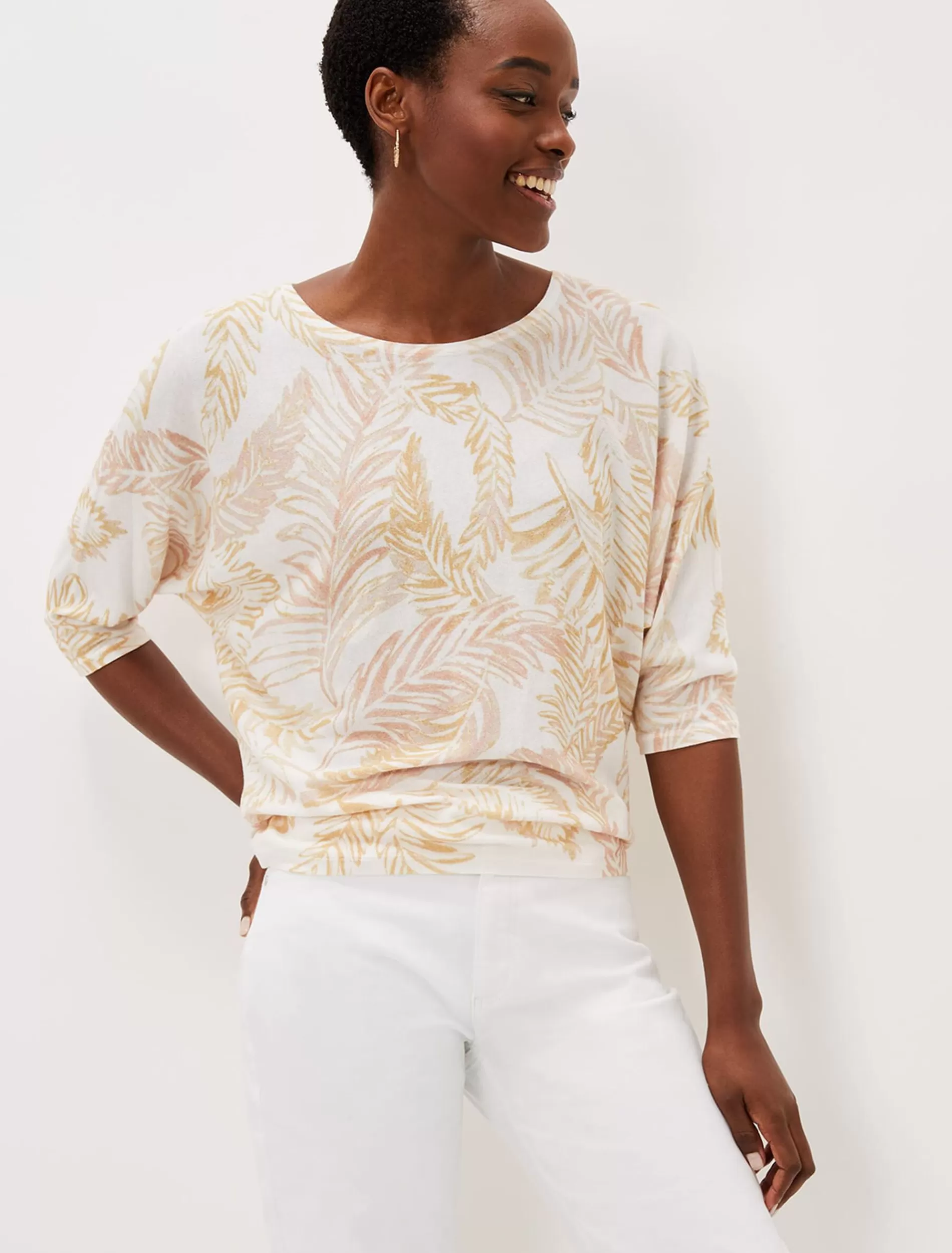 Phase Eight Hollie Cotton Palm Print Jumper Stone/Pale Pink Clearance