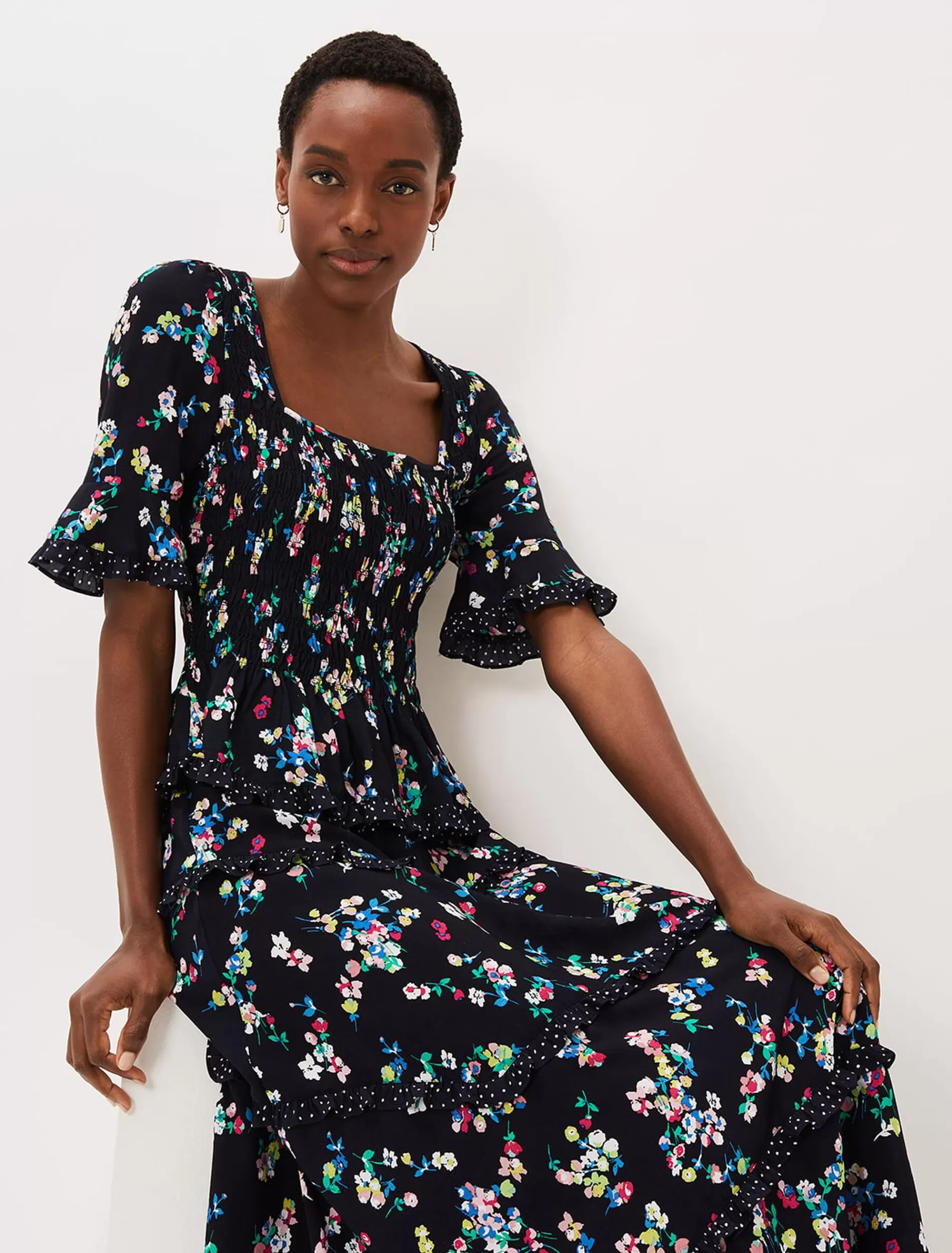 Phase Eight Hudson Floral Co-Ord Blouse Black/Ivory Outlet