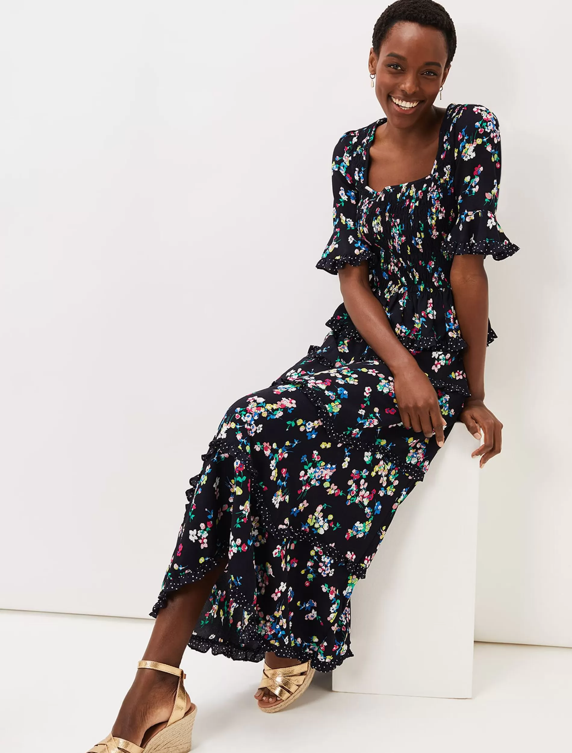 Phase Eight Hudson Floral Tiered Co-Ord Skirt Black/Ivory Best