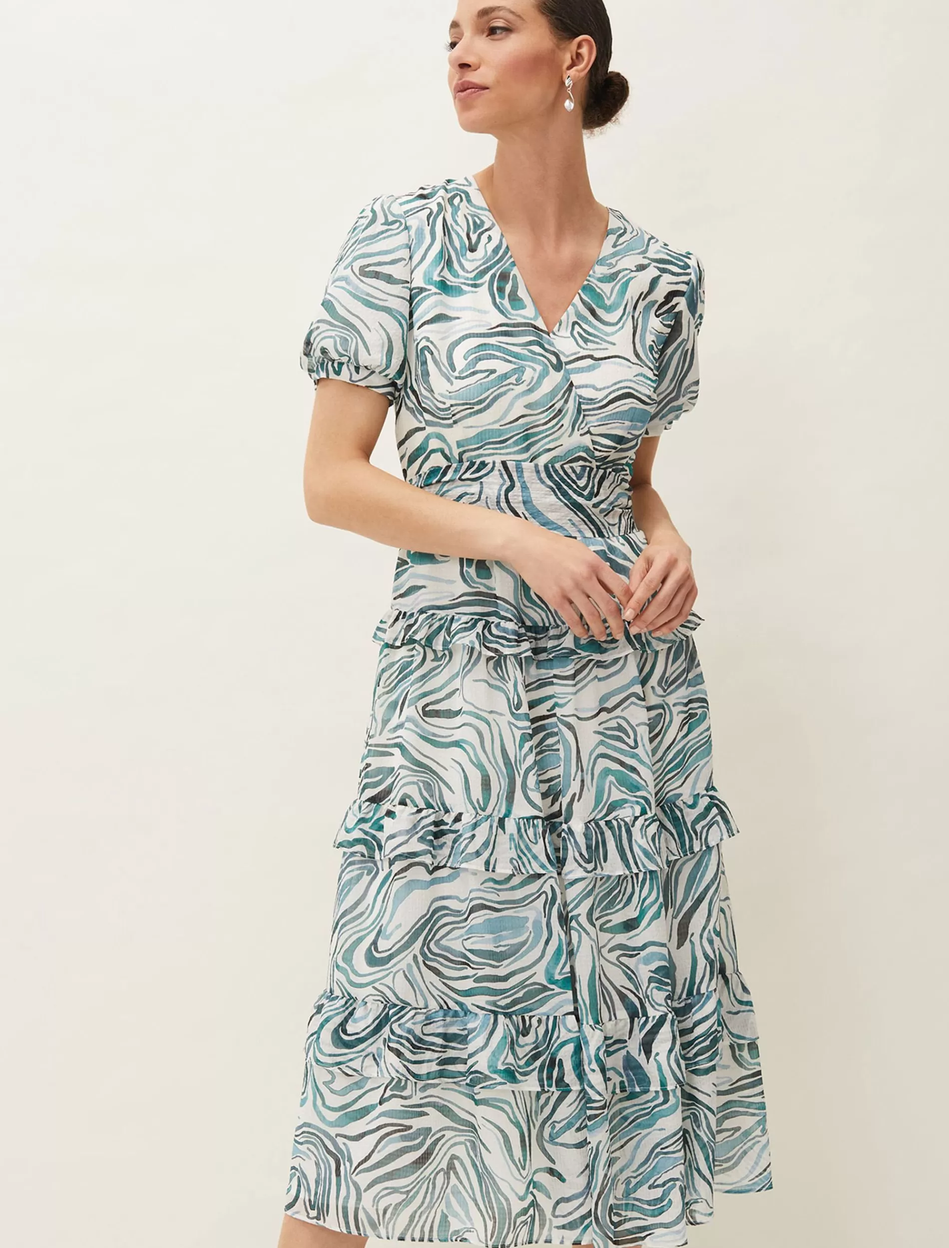 Phase Eight Iona Swirls Print Tiered Short Sleeved Midi Dress Aquamarine/Ecru Sale