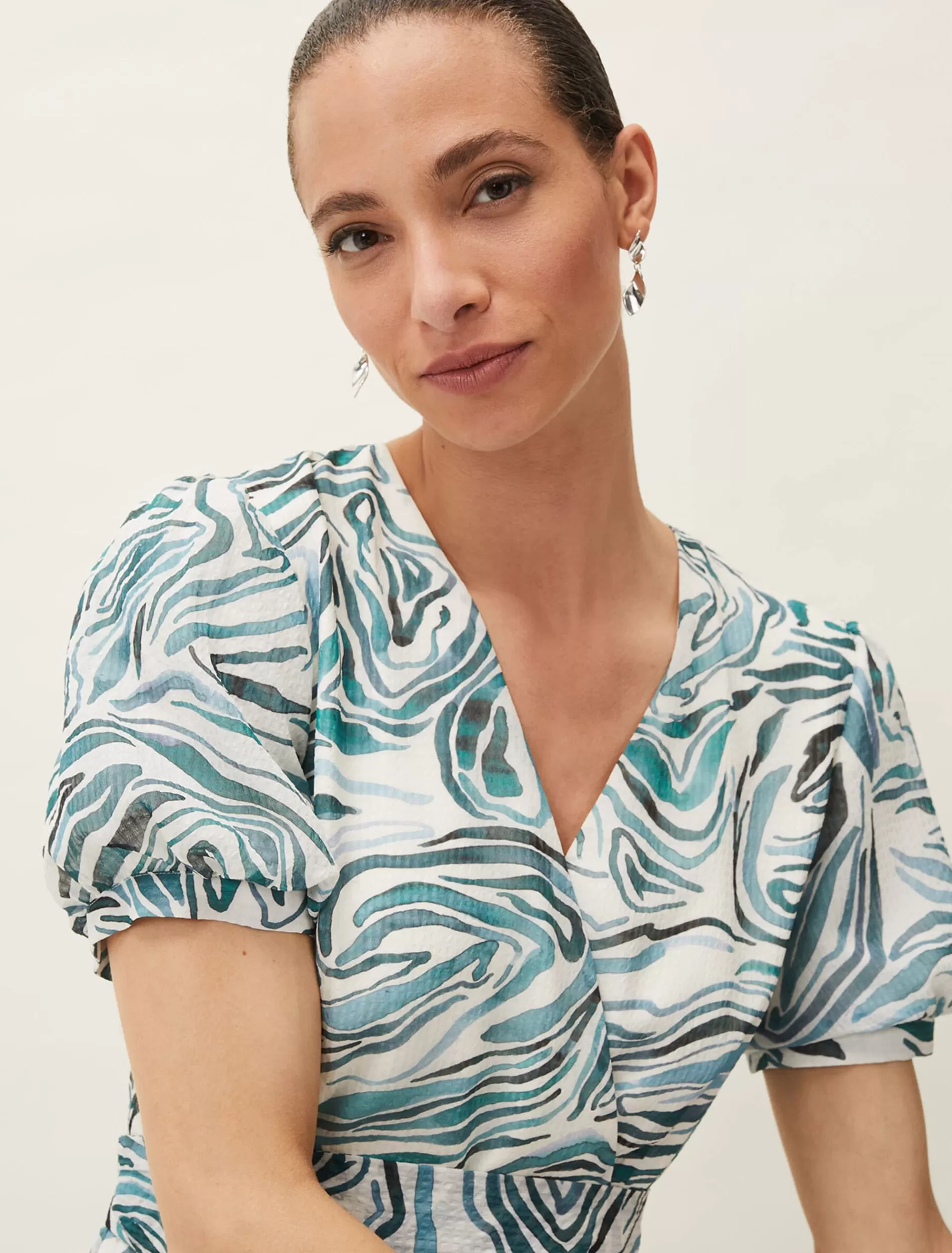 Phase Eight Iona Swirls Print Tiered Short Sleeved Midi Dress Aquamarine/Ecru Sale