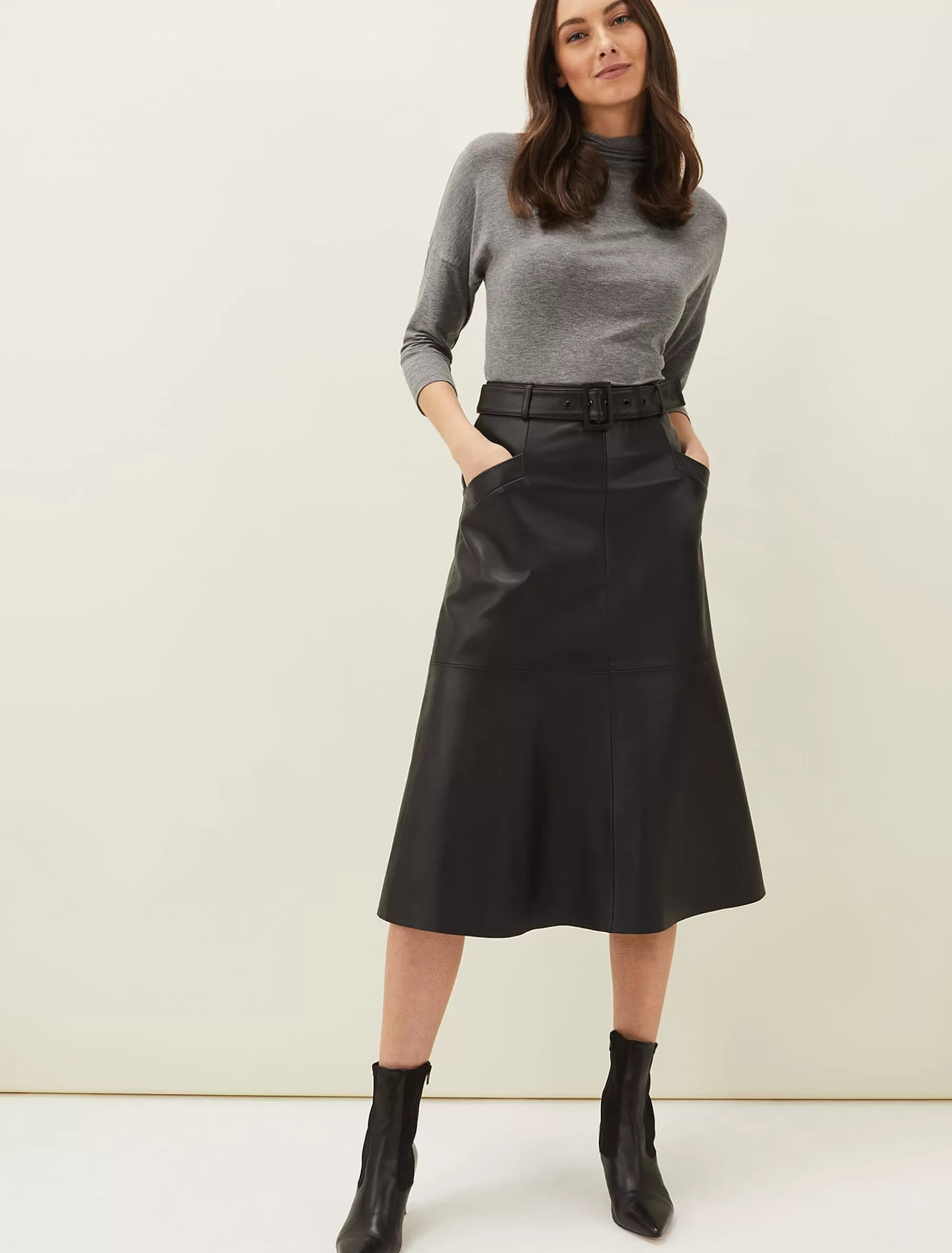 Phase Eight Jemma Leather A-Line Midi Skirt Black New
