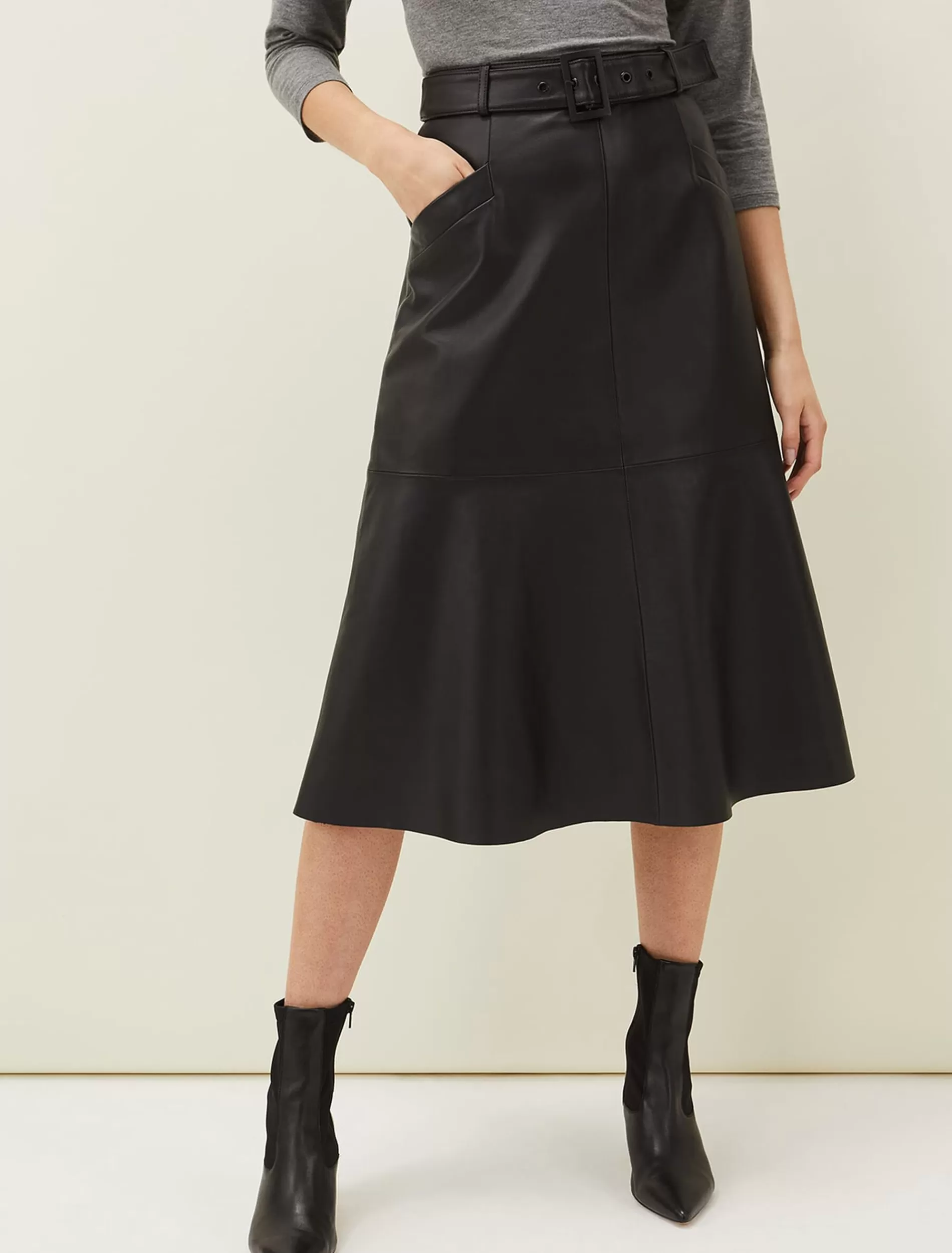 Phase Eight Jemma Leather A-Line Midi Skirt Black New