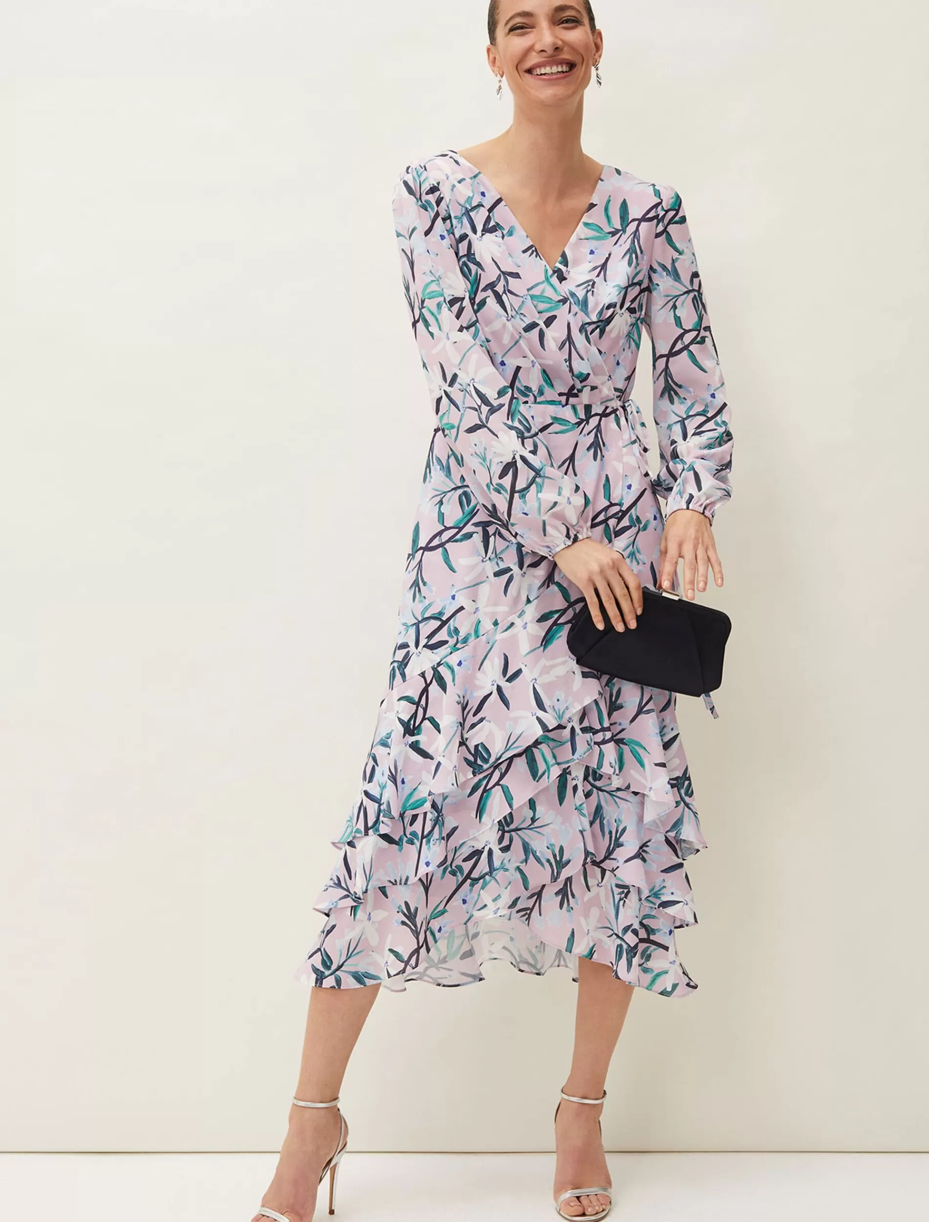 Phase Eight Jenna Floral Long Sleeved V-Neck Midi Dress Frosted Heather Outlet