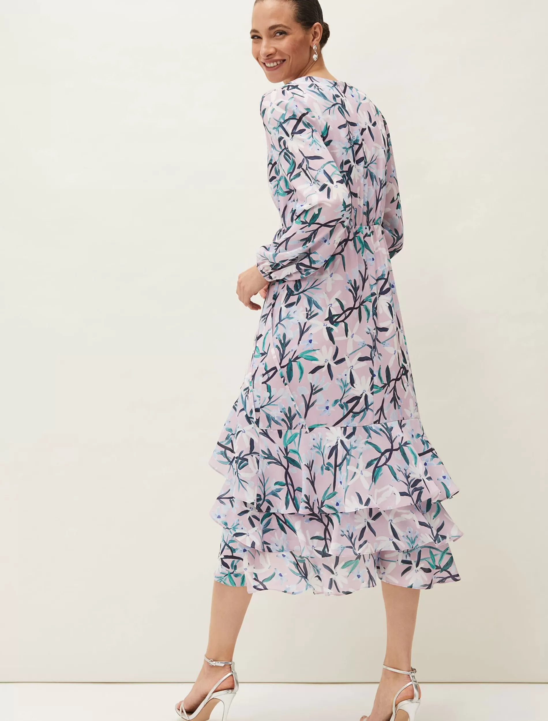Phase Eight Jenna Floral Long Sleeved V-Neck Midi Dress Frosted Heather Outlet